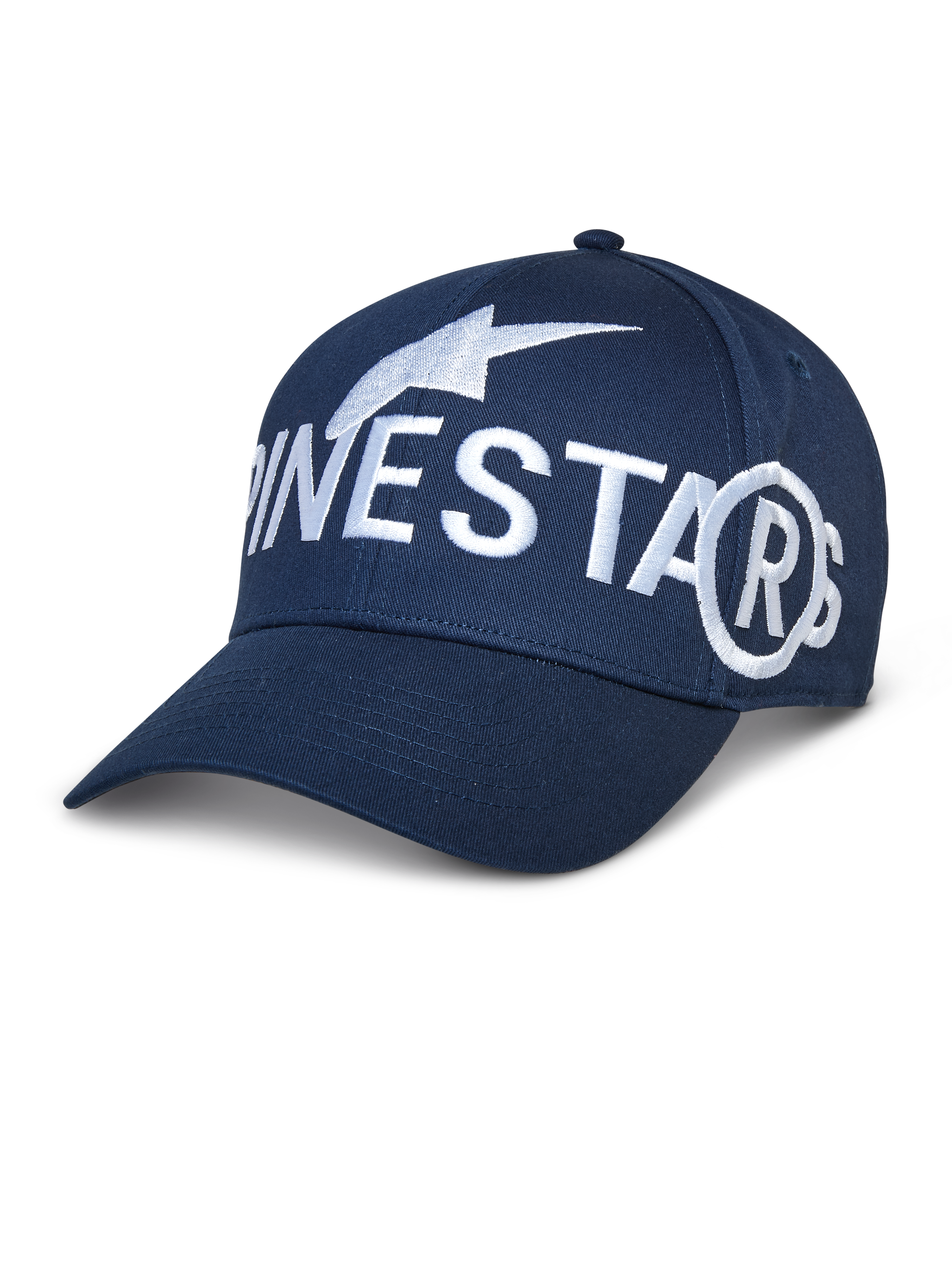 Alpinestars Committed keps, marinblå basebollkeps med stor vit broderad logotyp, böjd skärm, strukturerad krona, casual sportkläder