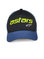 Alpinestars Vital Trucker Hat, vardaglig trucker-keps, svart och blå med grön nätbaksida, limegrön "astars"-text och vit A-stjärnlogotyp, böjd skärm och strukturerad krona