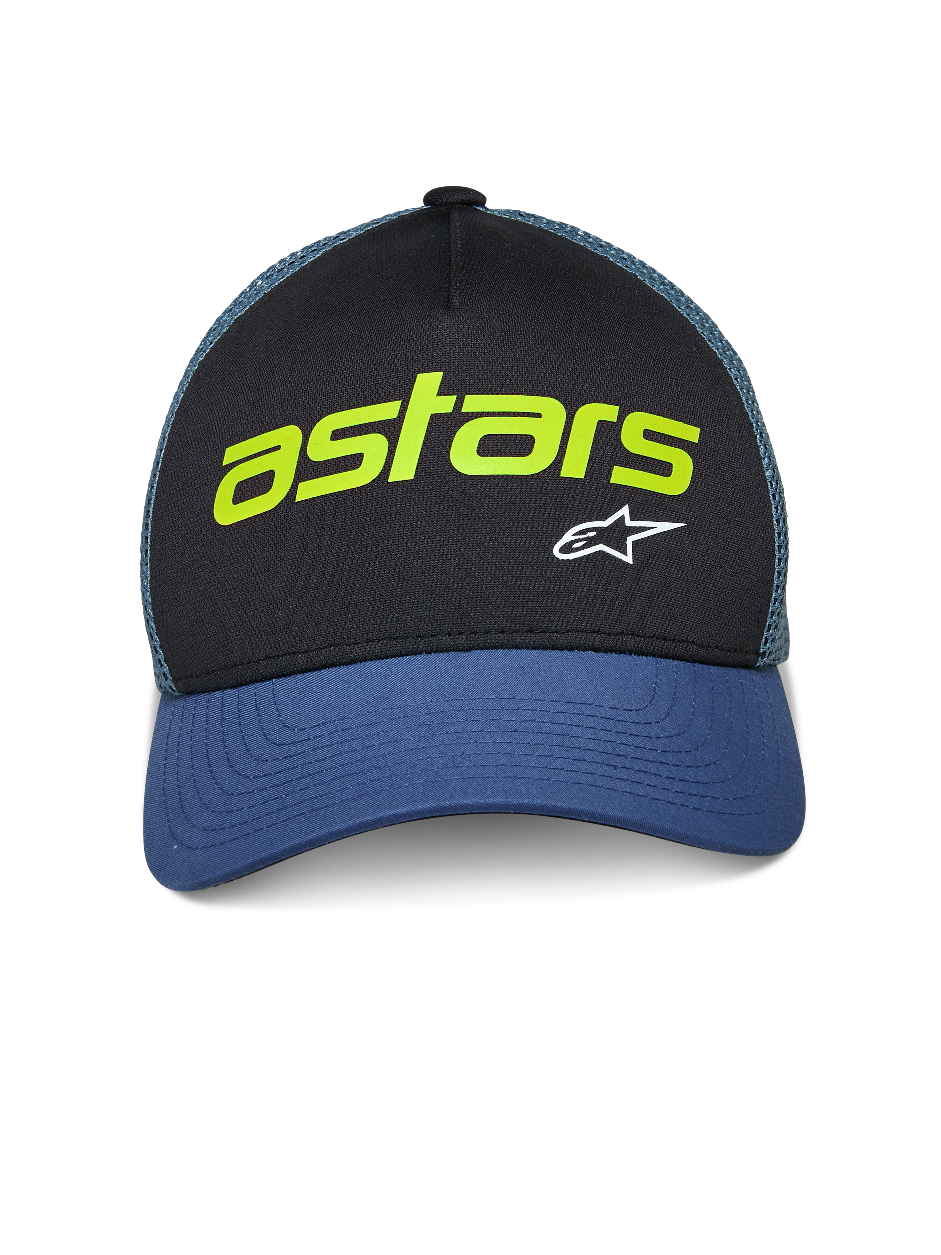 Alpinestars Vital Trucker Hat, vardaglig trucker-keps, svart och blå med grön nätbaksida, limegrön "astars"-text och vit A-stjärnlogotyp, böjd skärm och strukturerad krona