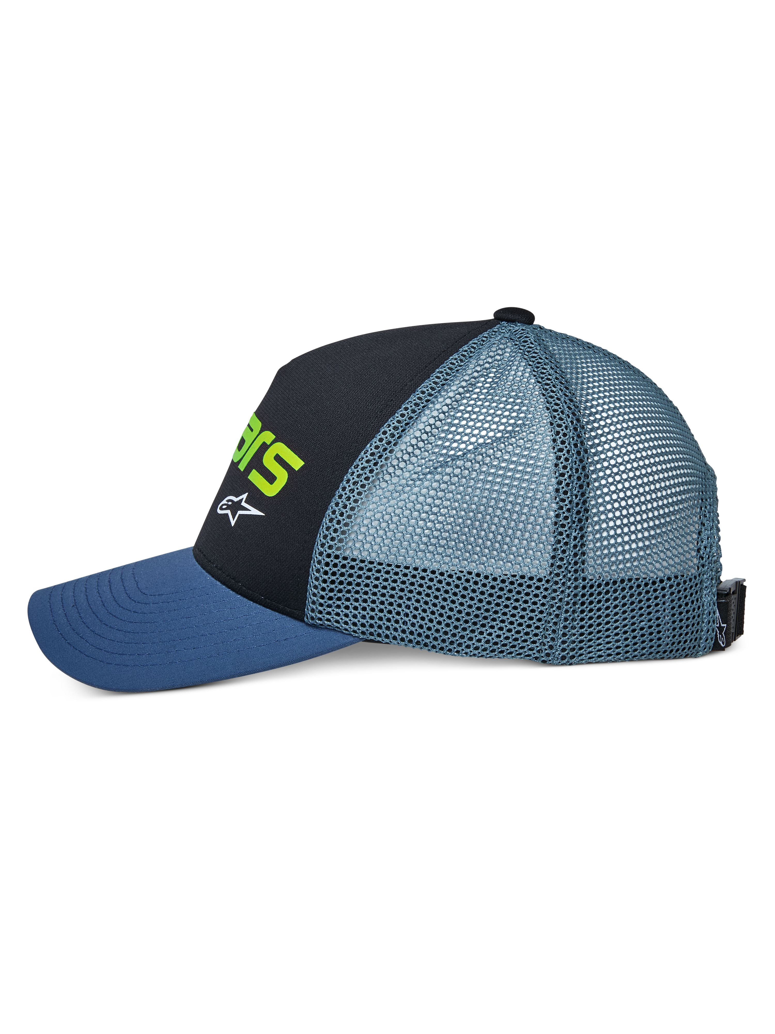 Alpinestars Vital Trucker Hat, profilvy, med blå böjd skärm, svart strukturerad frontpanel med limegrön text och vit logotyp, blågrön meshbaksida och justerbart spänne, vardaglig keps för motorsport