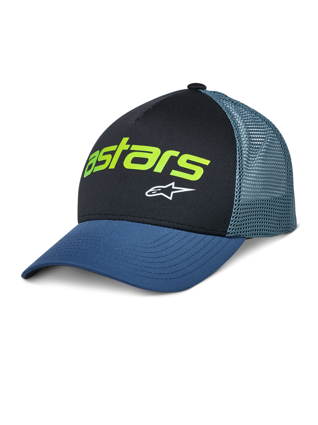 Alpinestars Vital Trucker Hat, casual truckerkeps, svart och blå, limegrön Astars-logotyp och vit stjärna, strukturerad krona, böjd skärm, ventilerande mesh-baksida