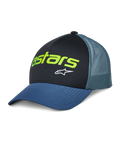 Alpinestars Vital Trucker Hat, casual truckerkeps, svart och blå, limegrön Astars-logotyp och vit stjärna, strukturerad krona, böjd skärm, ventilerande mesh-baksida