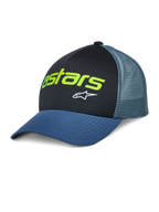 Alpinestars Vital Trucker Hat, casual truckerkeps, svart och blå, limegrön Astars-logotyp och vit stjärna, strukturerad krona, böjd skärm, ventilerande mesh-baksida