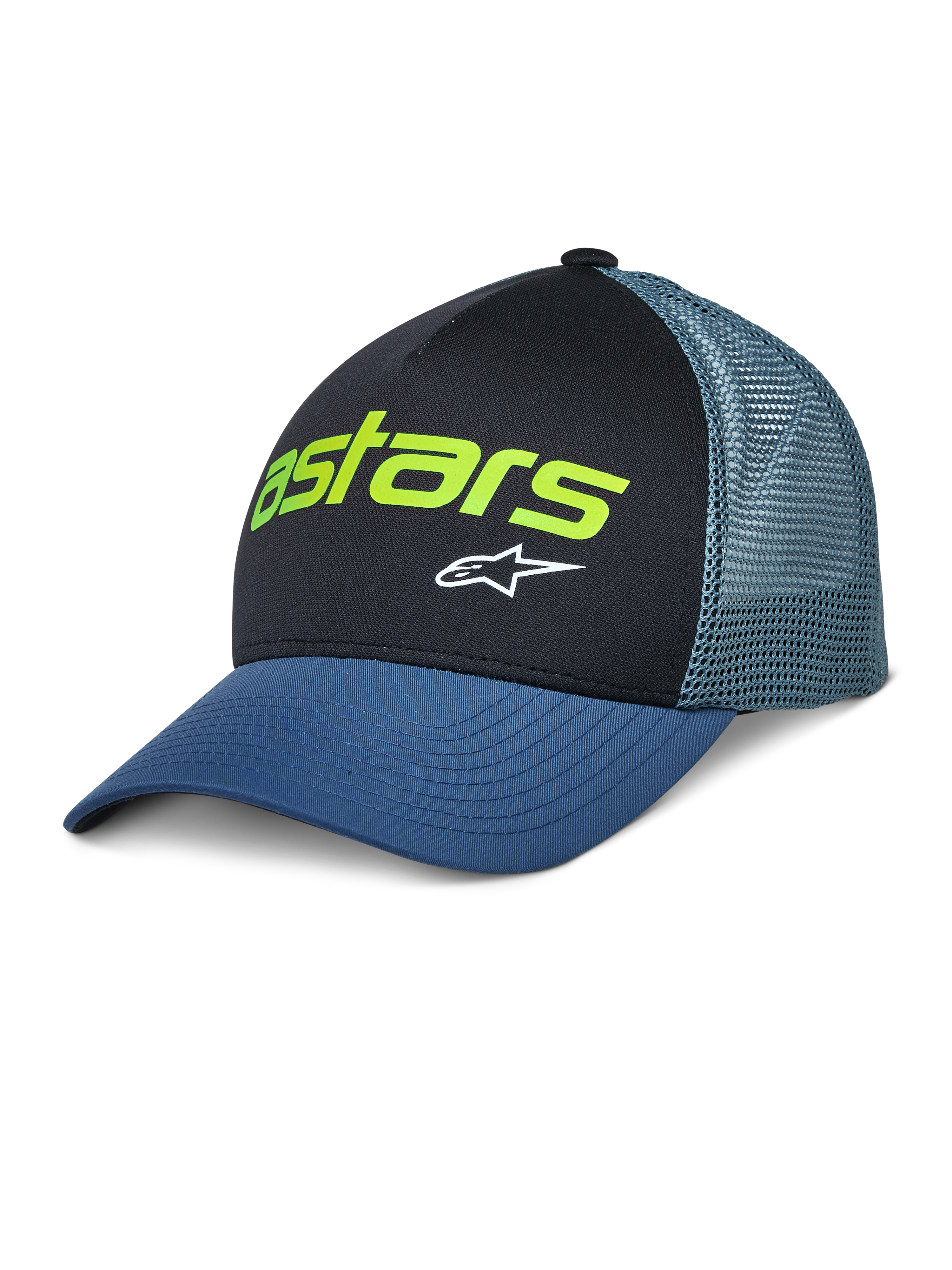 Alpinestars Vital Trucker Hat, casual truckerkeps, svart och blå, limegrön Astars-logotyp och vit stjärna, strukturerad krona, böjd skärm, ventilerande mesh-baksida