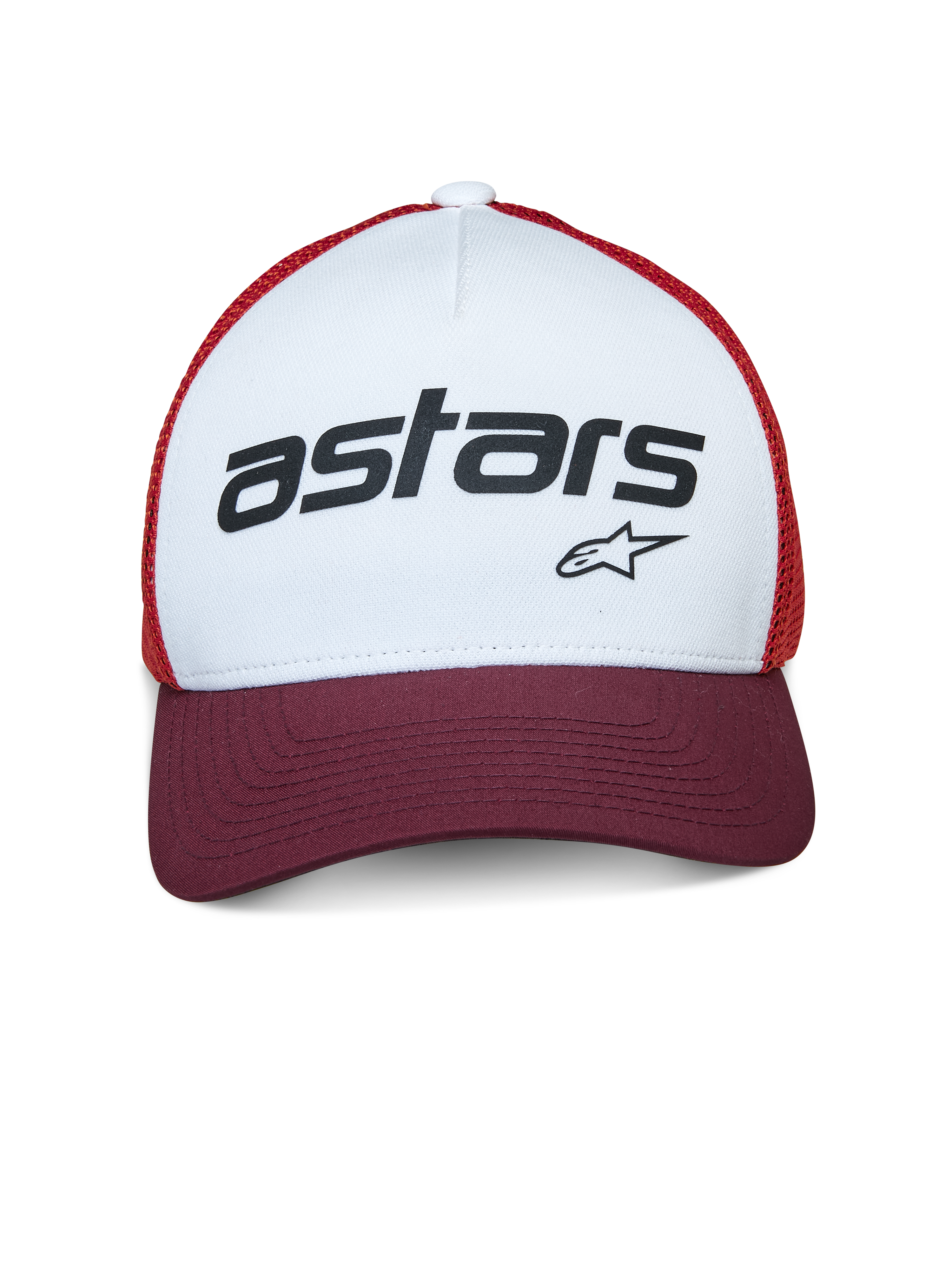 Alpinestars Vital Trucker Hat, truckerkeps, vit, vinröd och orange, med vit frontpanel med svart "astars"-logotyp, vinröd böjd skärm och orange mesh, avslappnad motorsportinspirerad huvudbonad