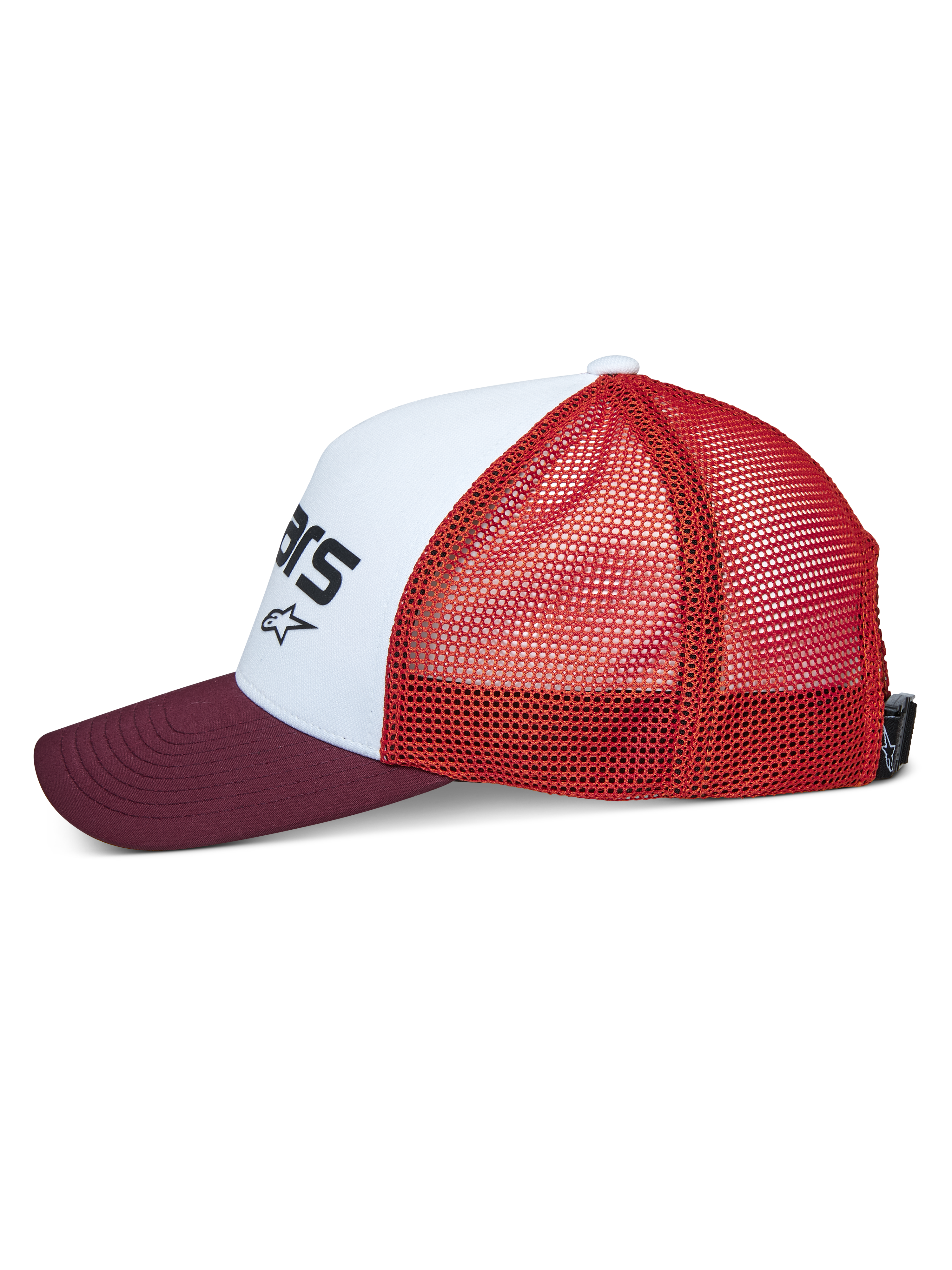 Alpinestars Vital Trucker-keps, sidovy, vit strukturerad frontpanel med svart logotyp, vinröd böjd skärm, orange nätbaksida, vardaglig sportig huvudbonad