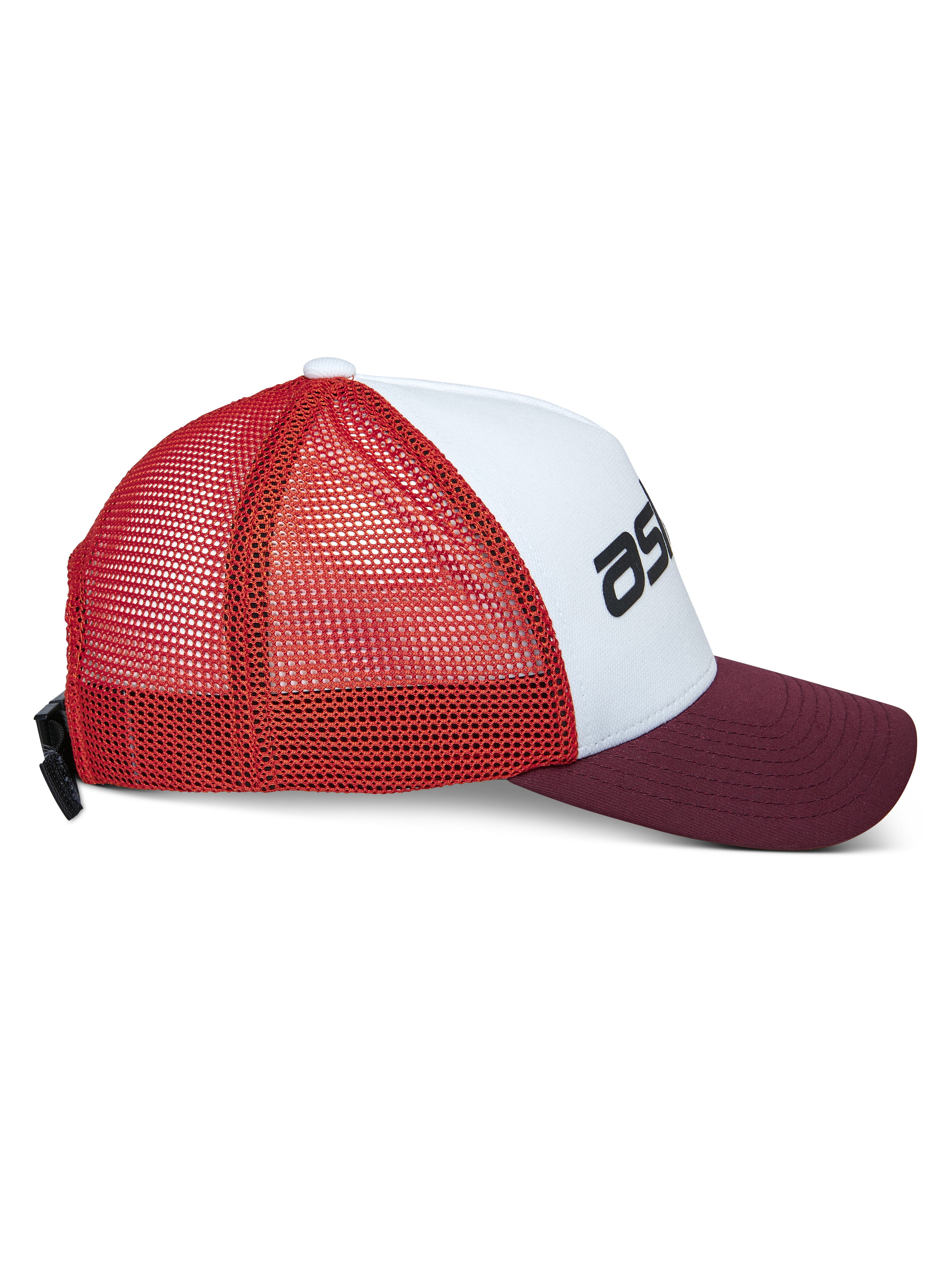 Alpinestars Vital Trucker Hat, klassisk truckerkeps, vit, vinröd och orange, sidoprofil med böjd skärm och baksida i mesh, justerbart spänne, strukturerad krona med svart logotyp