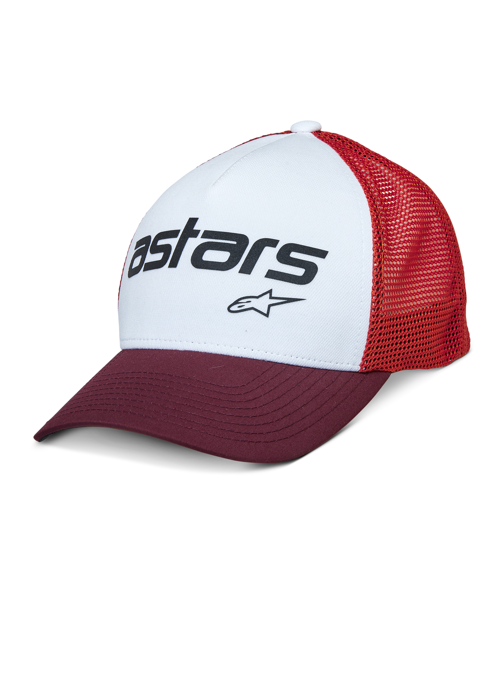 Alpinestars Vital Trucker Hat, vit frontpanel med vinröd böjd skärm och röd mesh-baksida, svart Astars-textlogotyp, avslappnad strukturerad truckerkeps med böjd skärm