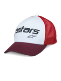 Alpinestars Vital Trucker Hat, vit frontpanel med vinröd böjd skärm och röd mesh-baksida, svart Astars-textlogotyp, avslappnad strukturerad truckerkeps med böjd skärm