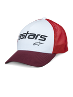 Alpinestars Vital Trucker Hat, vit frontpanel med vinröd böjd skärm och röd mesh-baksida, svart Astars-textlogotyp, avslappnad strukturerad truckerkeps med böjd skärm