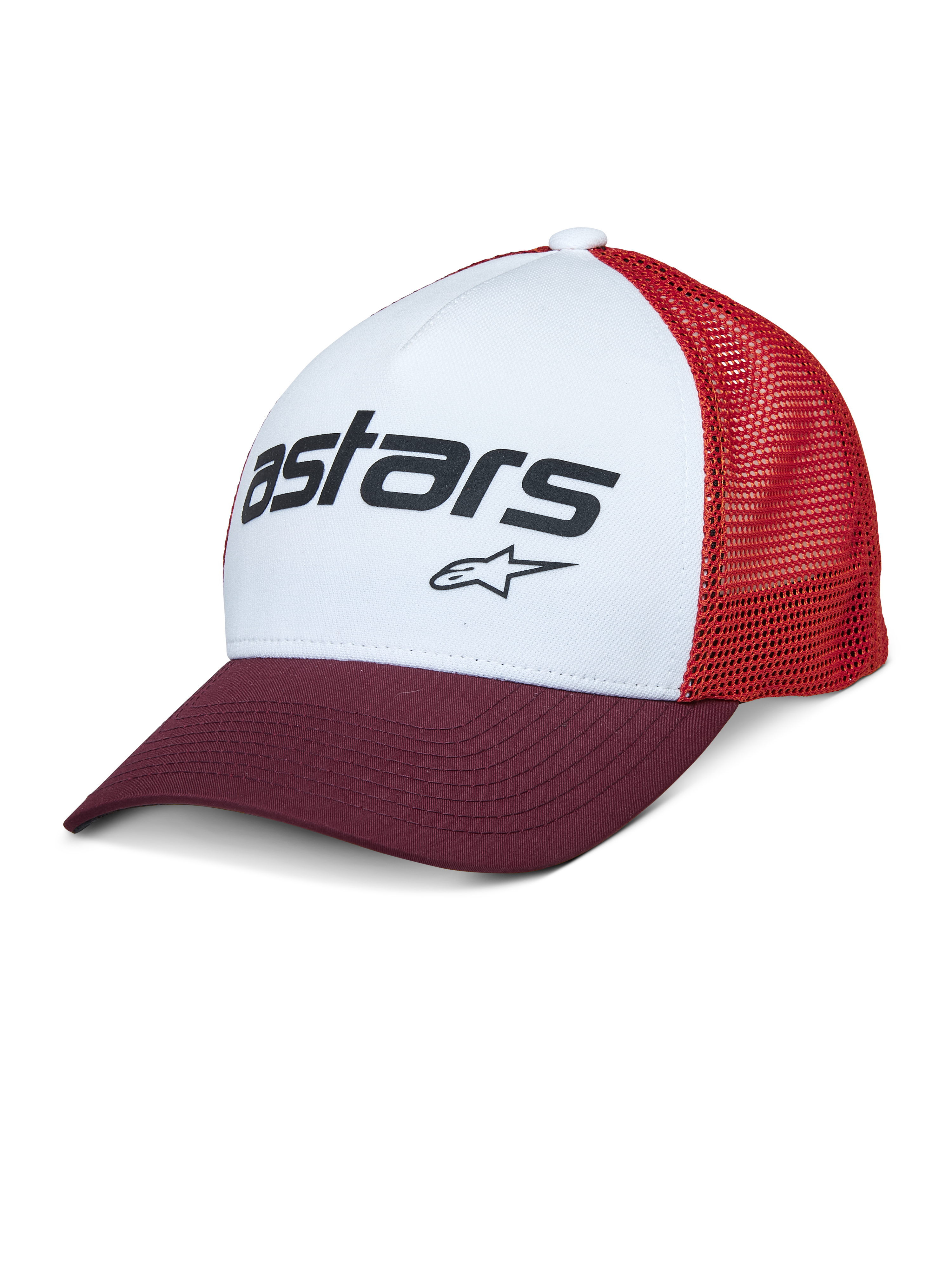 Alpinestars Vital Trucker Hat, vit frontpanel med vinröd böjd skärm och röd mesh-baksida, svart Astars-textlogotyp, avslappnad strukturerad truckerkeps med böjd skärm