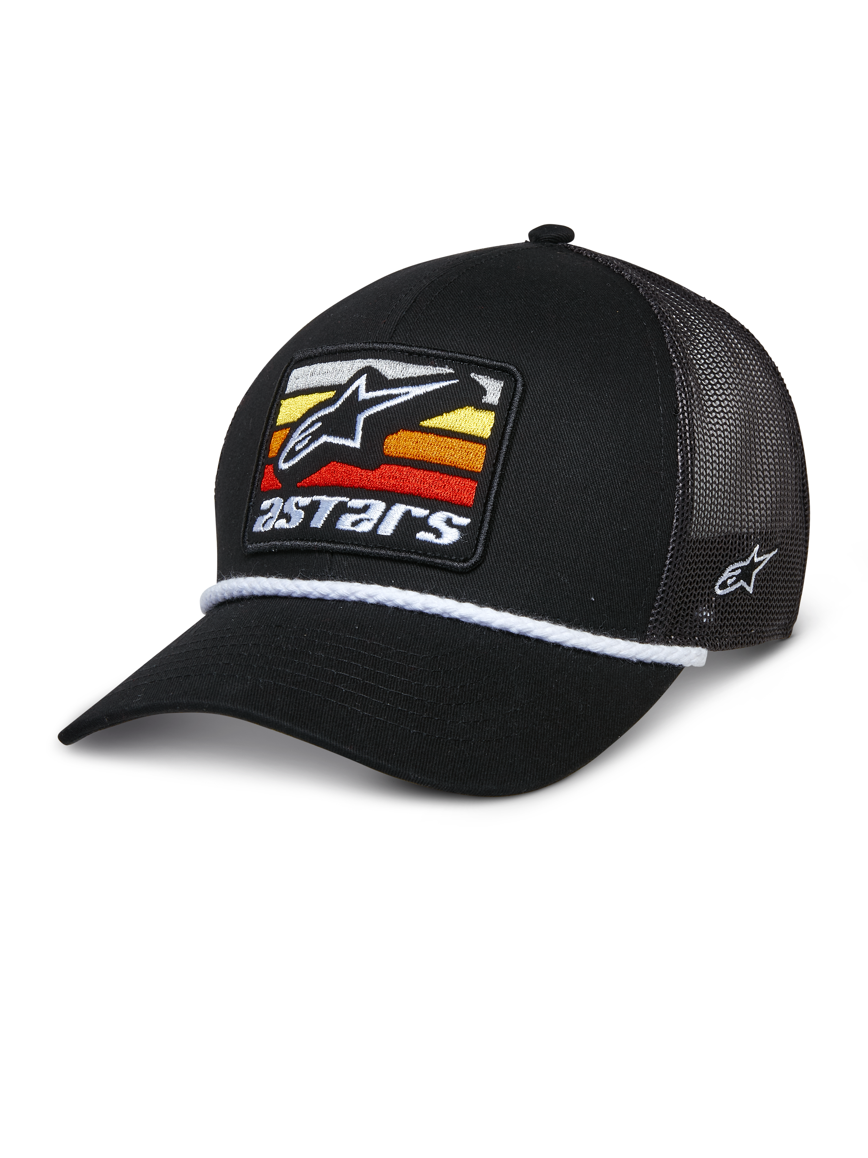 Alpinestars Selica Trucker Hat, black mesh-back cap with a curved brim, featuring a front patch with yellow, orange, and red horizontal stripes, white braided rope trim, and side embroidery, casual motorsport-inspired headwear