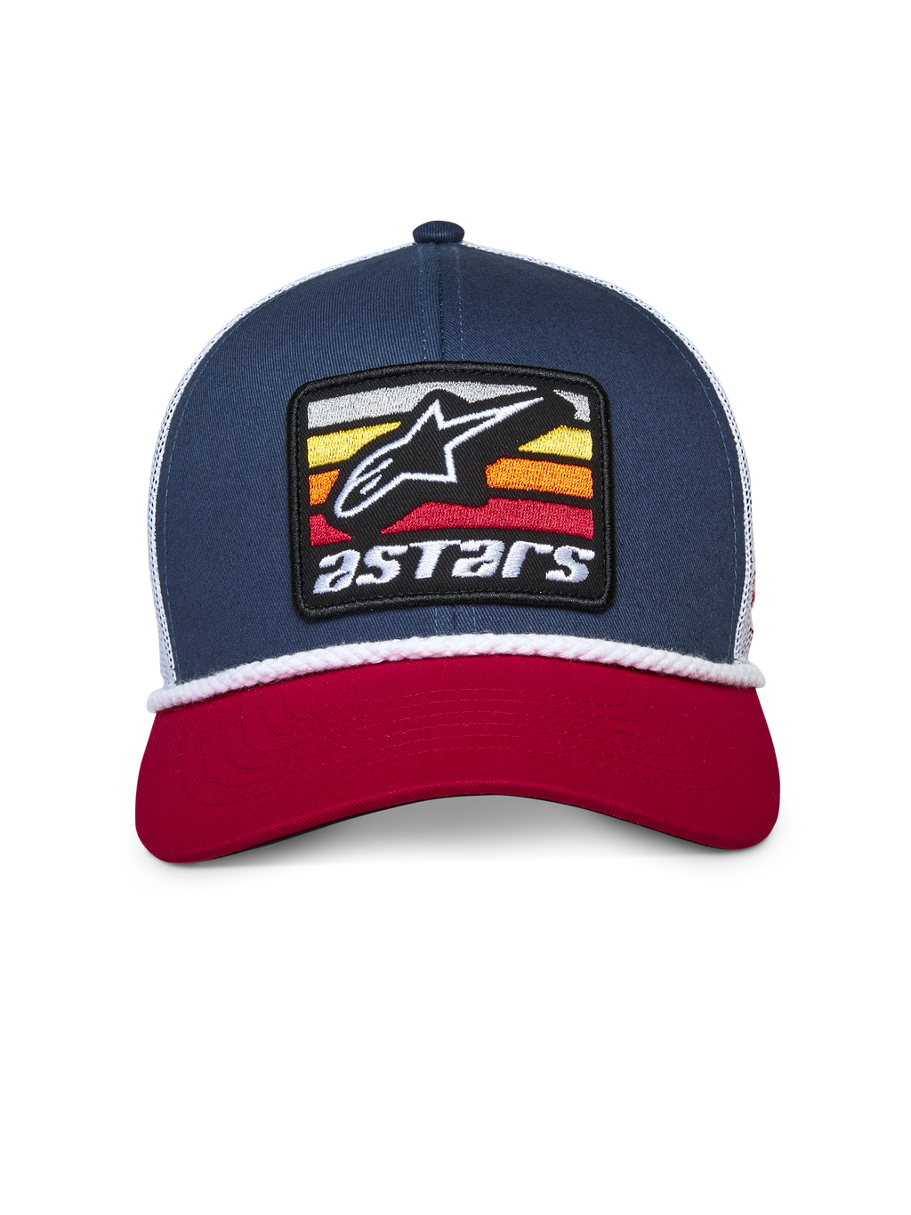Alpinestars Selica Trucker-keps, marinblå, röd och vit, böjd röd skärm, marinblå strukturerad krona med vit meshbaksida, broderad Astars-patchlogotyp framtill och vit flätad repkant