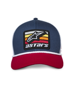 Alpinestars Selica Trucker-keps, marinblå, röd och vit, böjd röd skärm, marinblå strukturerad krona med vit meshbaksida, broderad Astars-patchlogotyp framtill och vit flätad repkant