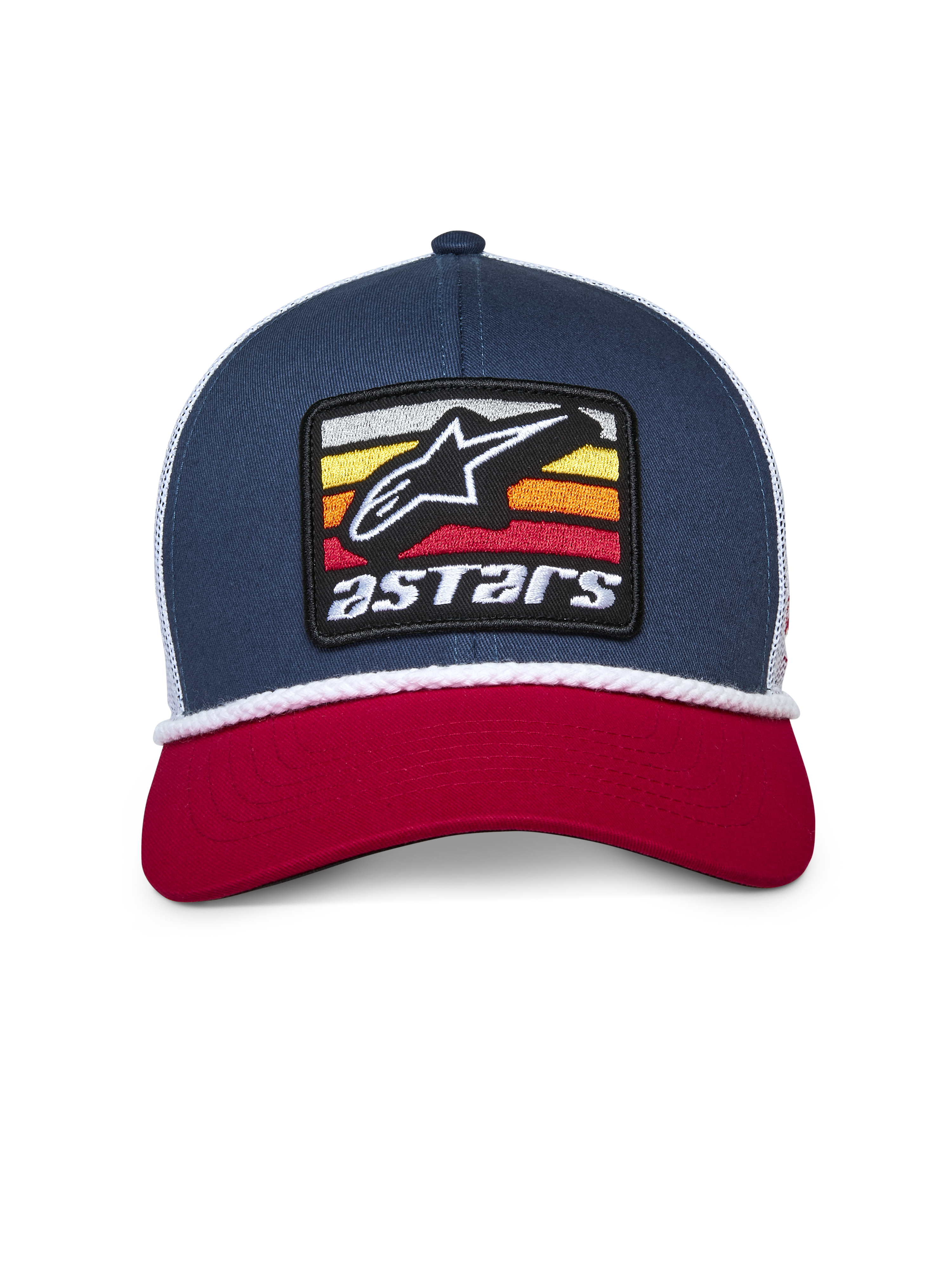 Alpinestars Selica Trucker-keps, marinblå, röd och vit, böjd röd skärm, marinblå strukturerad krona med vit meshbaksida, broderad Astars-patchlogotyp framtill och vit flätad repkant