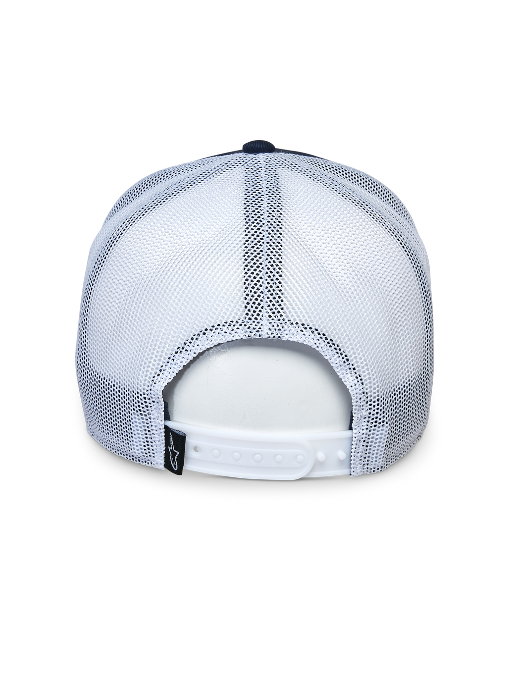Alpinestars Selica Trucker Hat, sedd bakifrån, marinblå och vit, vita meshpaneler och justerbar snapback-knäppning, liten svart logotypetikett, casual motorsport-keps