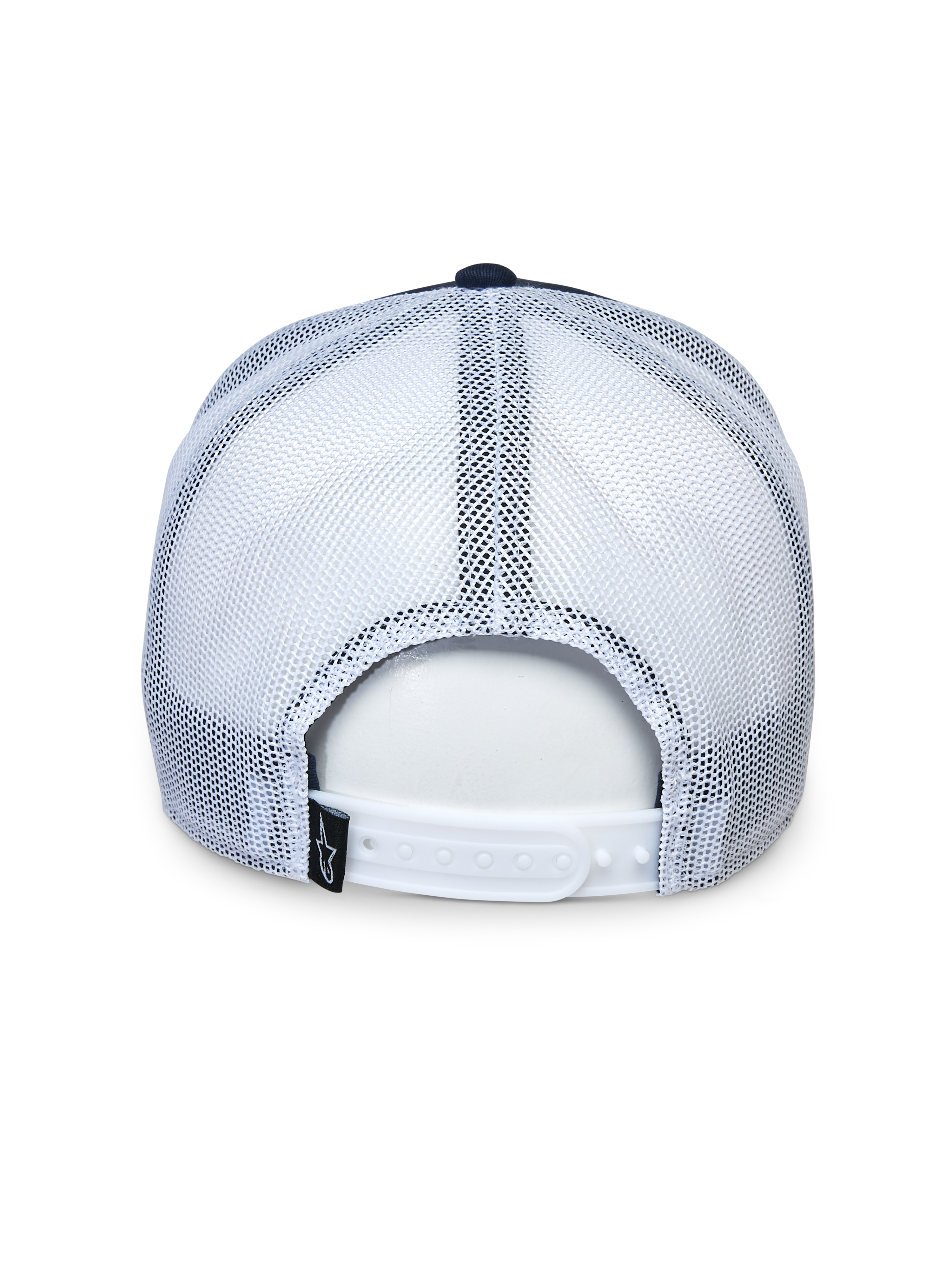 Alpinestars Selica Trucker Hat, sedd bakifrån, marinblå och vit, vita meshpaneler och justerbar snapback-knäppning, liten svart logotypetikett, casual motorsport-keps
