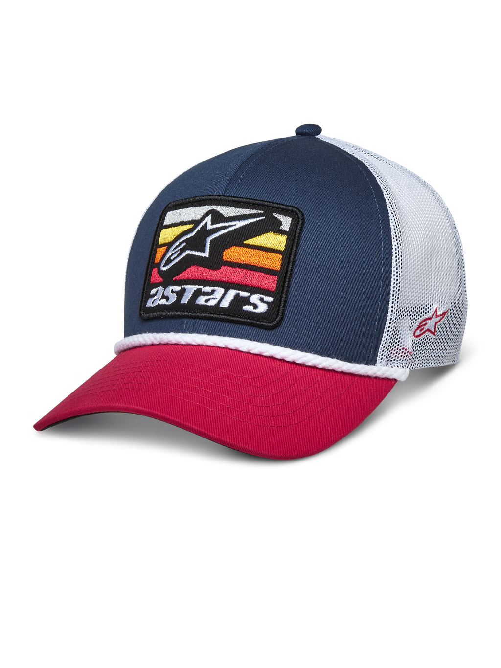 Alpinestars Selica Trucker Hat, marinblå och röd snapback-keps med vit baksida i mesh, broderat märke framtill med stjärnlogotyp och färgglada ränder, vit flätad repkant, avslappnad motorsport-inspirerad streetwear