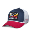 Alpinestars Selica Trucker Hat, marinblå och röd snapback-keps med vit baksida i mesh, broderat märke framtill med stjärnlogotyp och färgglada ränder, vit flätad repkant, avslappnad motorsport-inspirerad streetwear