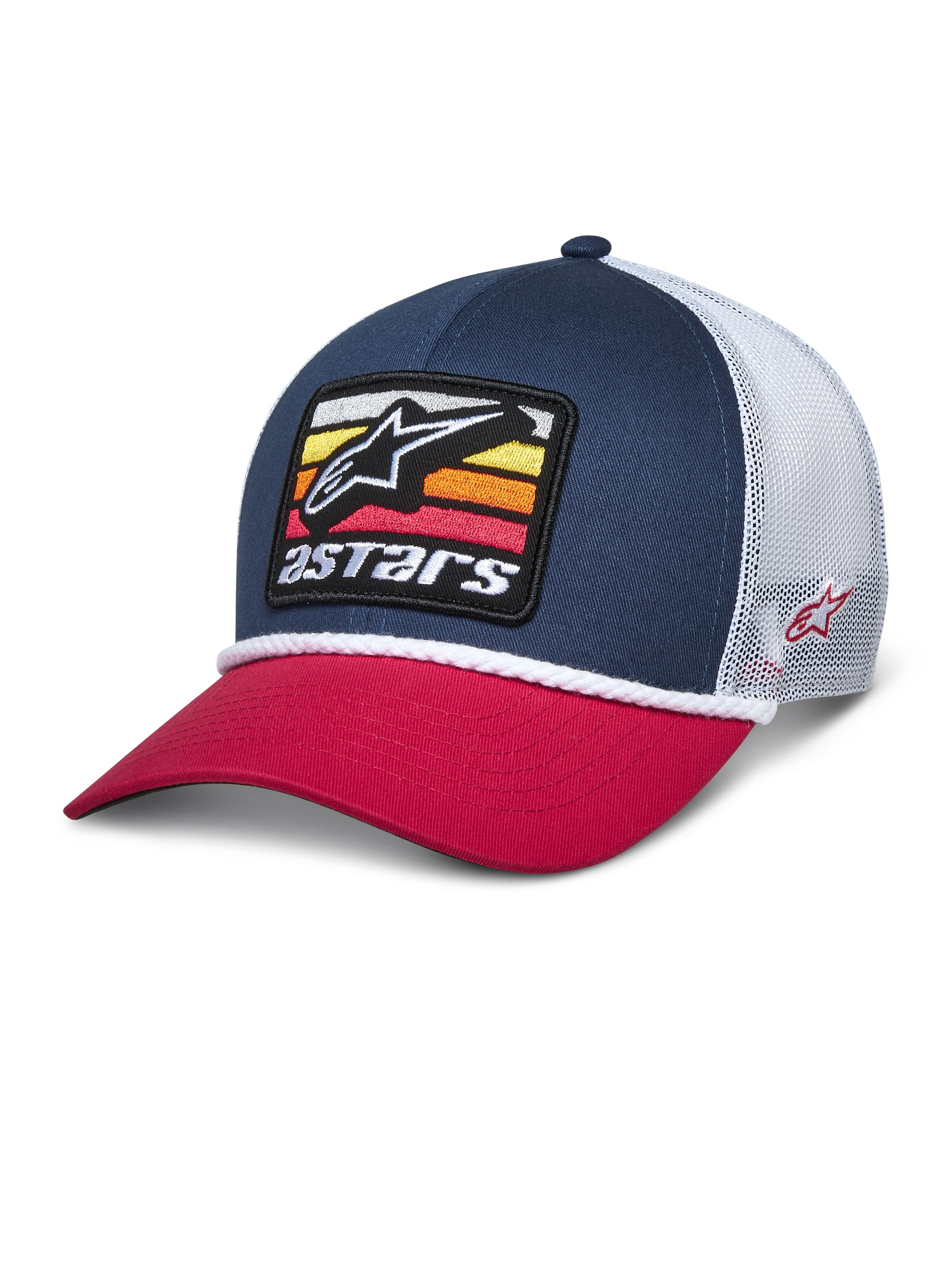 Alpinestars Selica Trucker Hat, marinblå och röd snapback-keps med vit baksida i mesh, broderat märke framtill med stjärnlogotyp och färgglada ränder, vit flätad repkant, avslappnad motorsport-inspirerad streetwear