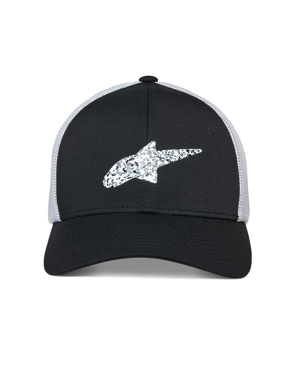 Alpinestars Terolithic Trucker-keps, sportkeps, svart med vit nätbaksida, vit texturerad Alpinestars-stjärnlogotyp fram, böjd skärm och strukturerad låg krona