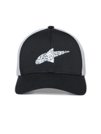 Alpinestars Terolithic Trucker-keps, sportkeps, svart med vit nätbaksida, vit texturerad Alpinestars-stjärnlogotyp fram, böjd skärm och strukturerad låg krona
