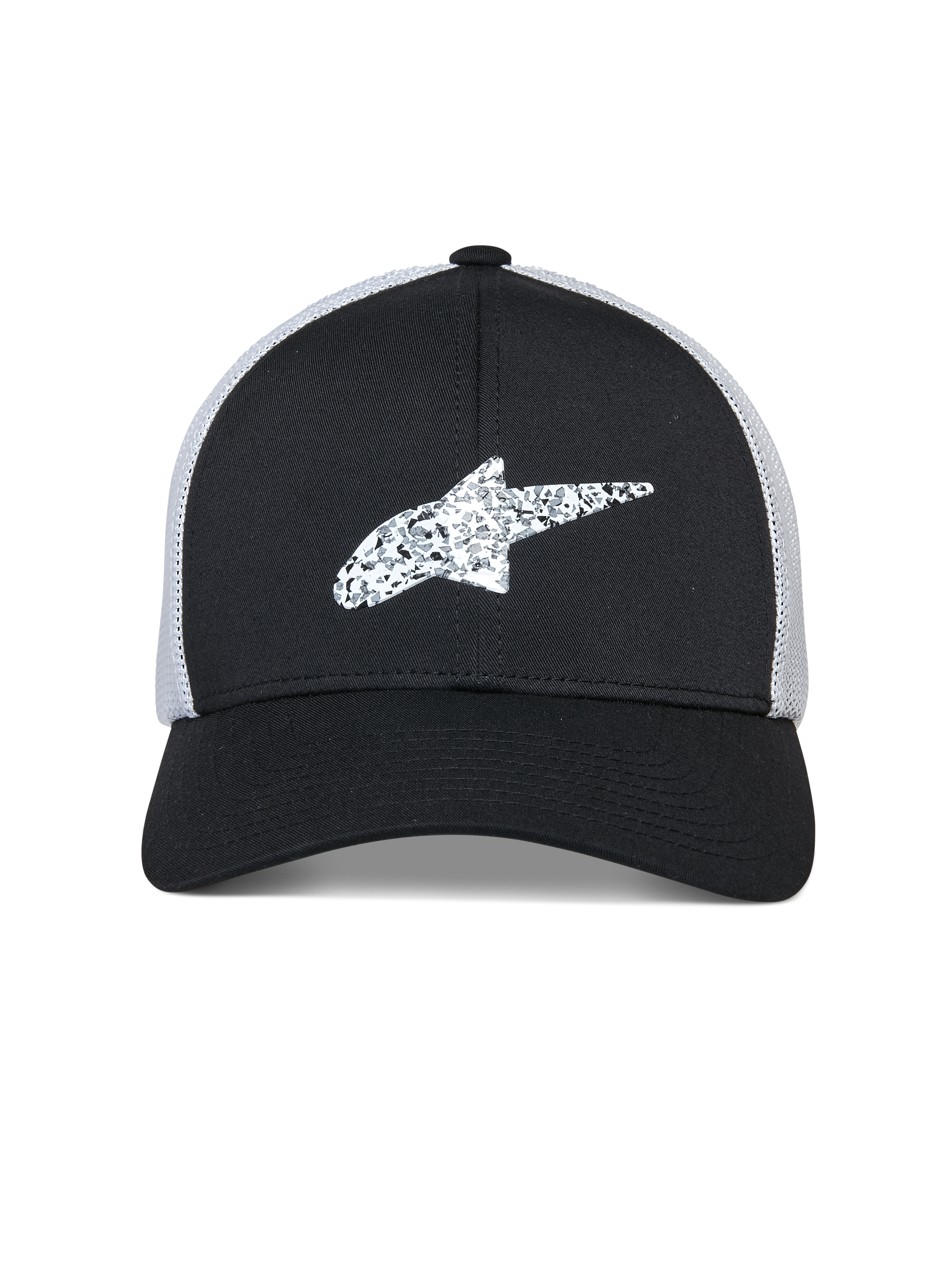 Alpinestars Terolithic Trucker-keps, sportkeps, svart med vit nätbaksida, vit texturerad Alpinestars-stjärnlogotyp fram, böjd skärm och strukturerad låg krona