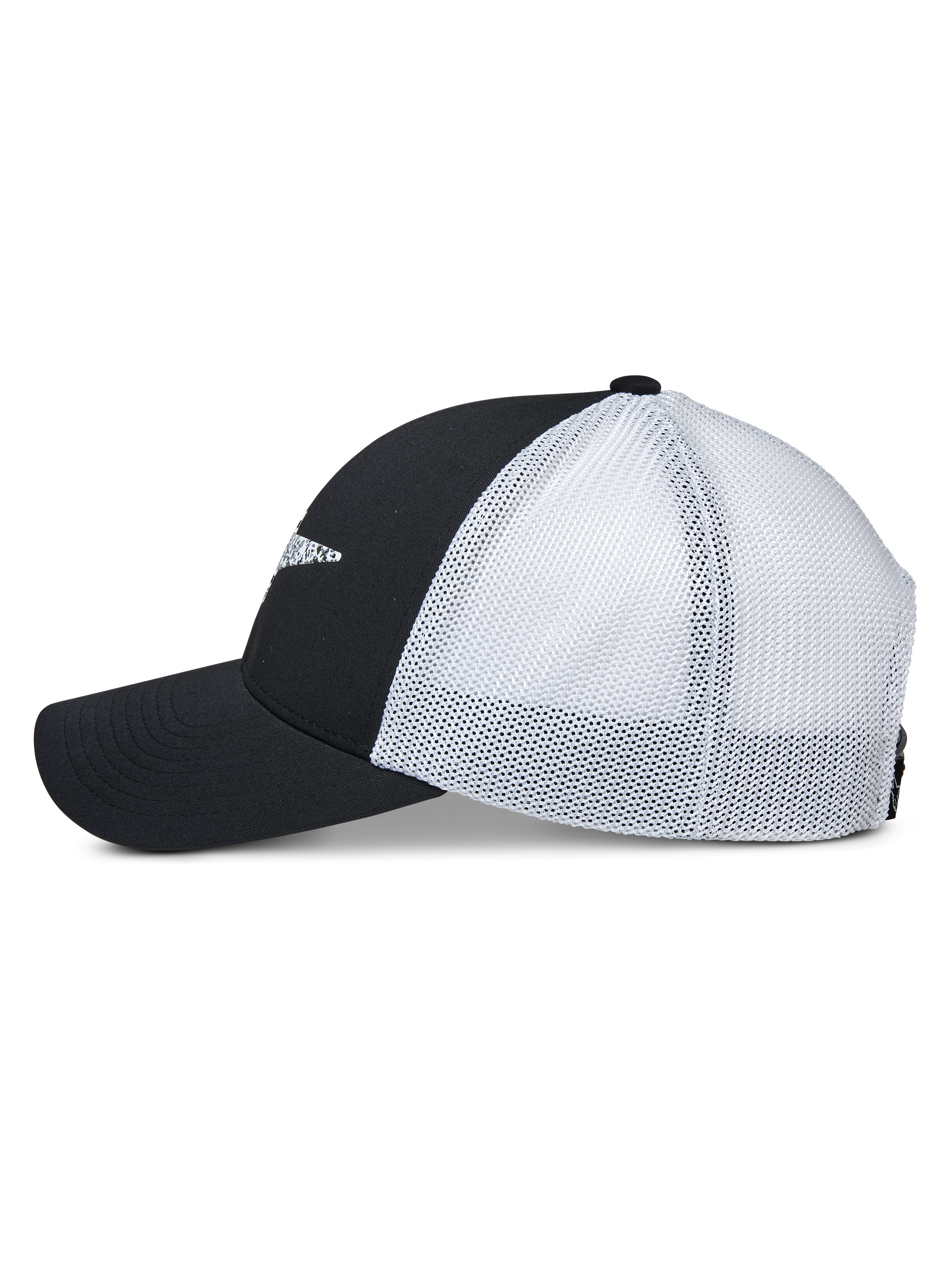 Alpinestars Terolithic Trucker keps, vy i sidoprofil, svarta frampaneler och böjd skärm med vita meshpaneler baktill, casual keps i snapback-modell