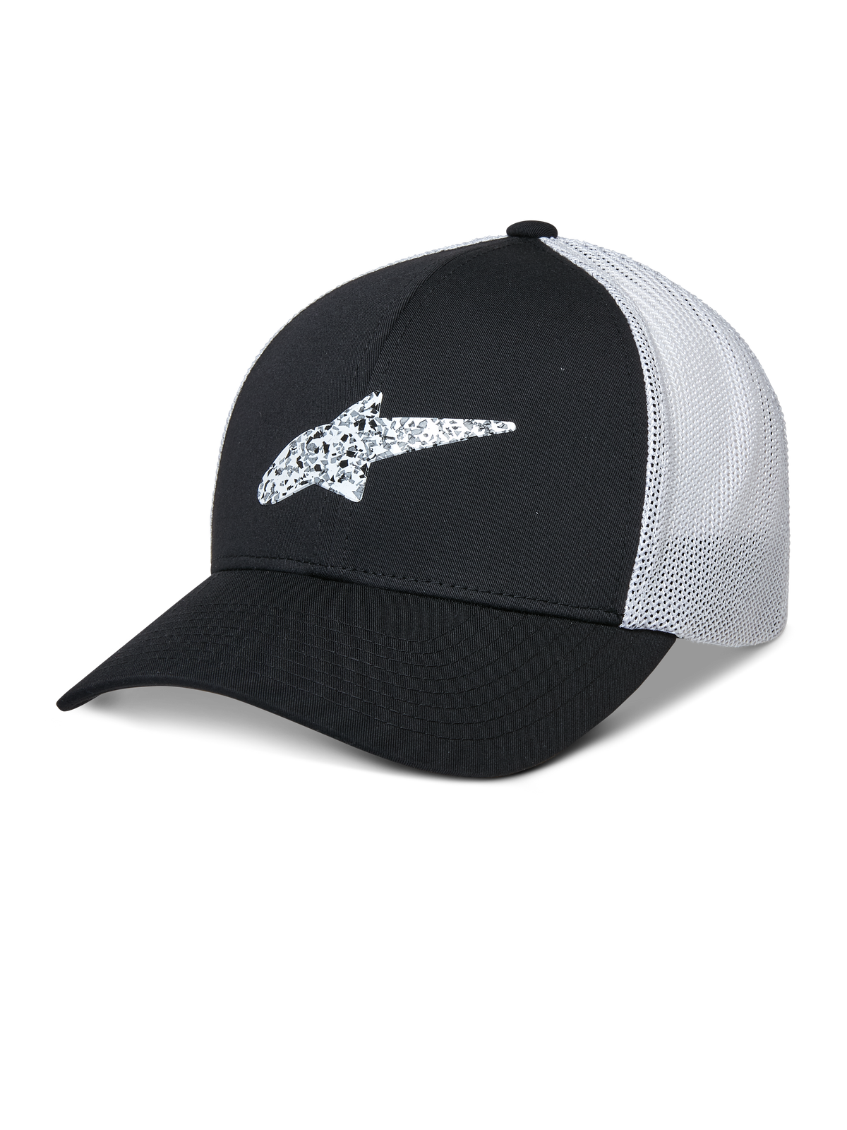Alpinestars Terolithic Trucker Hat, Black and White, curved brim baseball cap with patterned TPU star logo, white breathable mesh back panel, structured low crown design