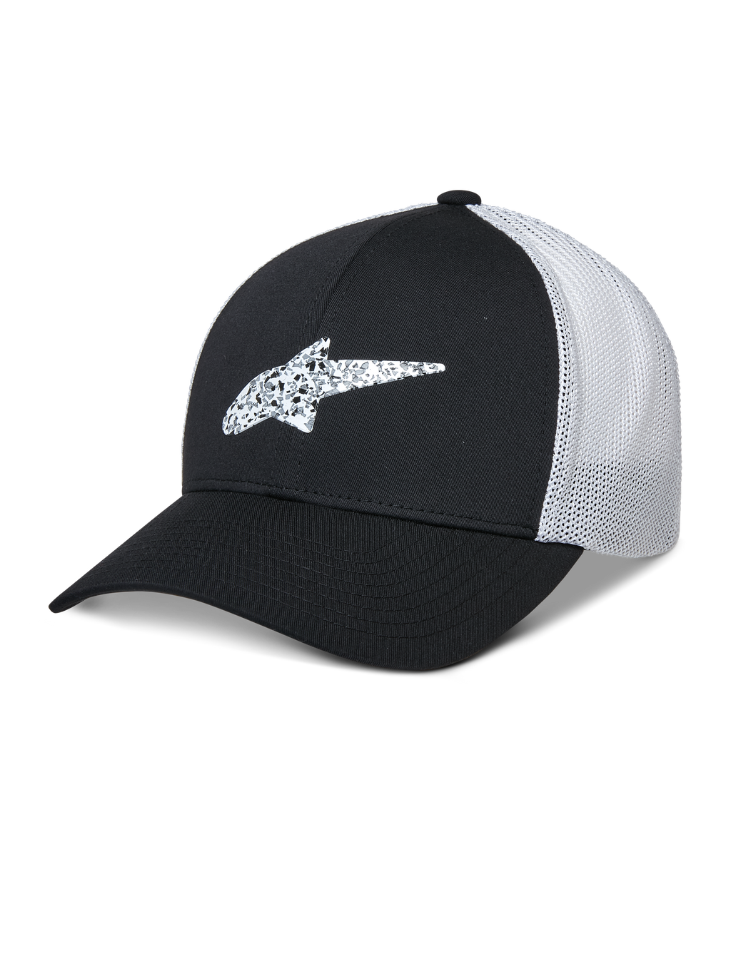 Alpinestars Terolithic Trucker Hat, svart och vit, baseballkeps med böjd skärm och mönstrad TPU-stjärnlogotyp, vit meshpanel på baksidan som andas, strukturerad design med låg krona