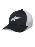 Alpinestars Terolithic Trucker Hat, svart och vit, baseballkeps med böjd skärm och mönstrad TPU-stjärnlogotyp, vit meshpanel på baksidan som andas, strukturerad design med låg krona