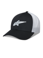 Alpinestars Terolithic Trucker Hat, svart och vit, baseballkeps med böjd skärm och mönstrad TPU-stjärnlogotyp, vit meshpanel på baksidan som andas, strukturerad design med låg krona