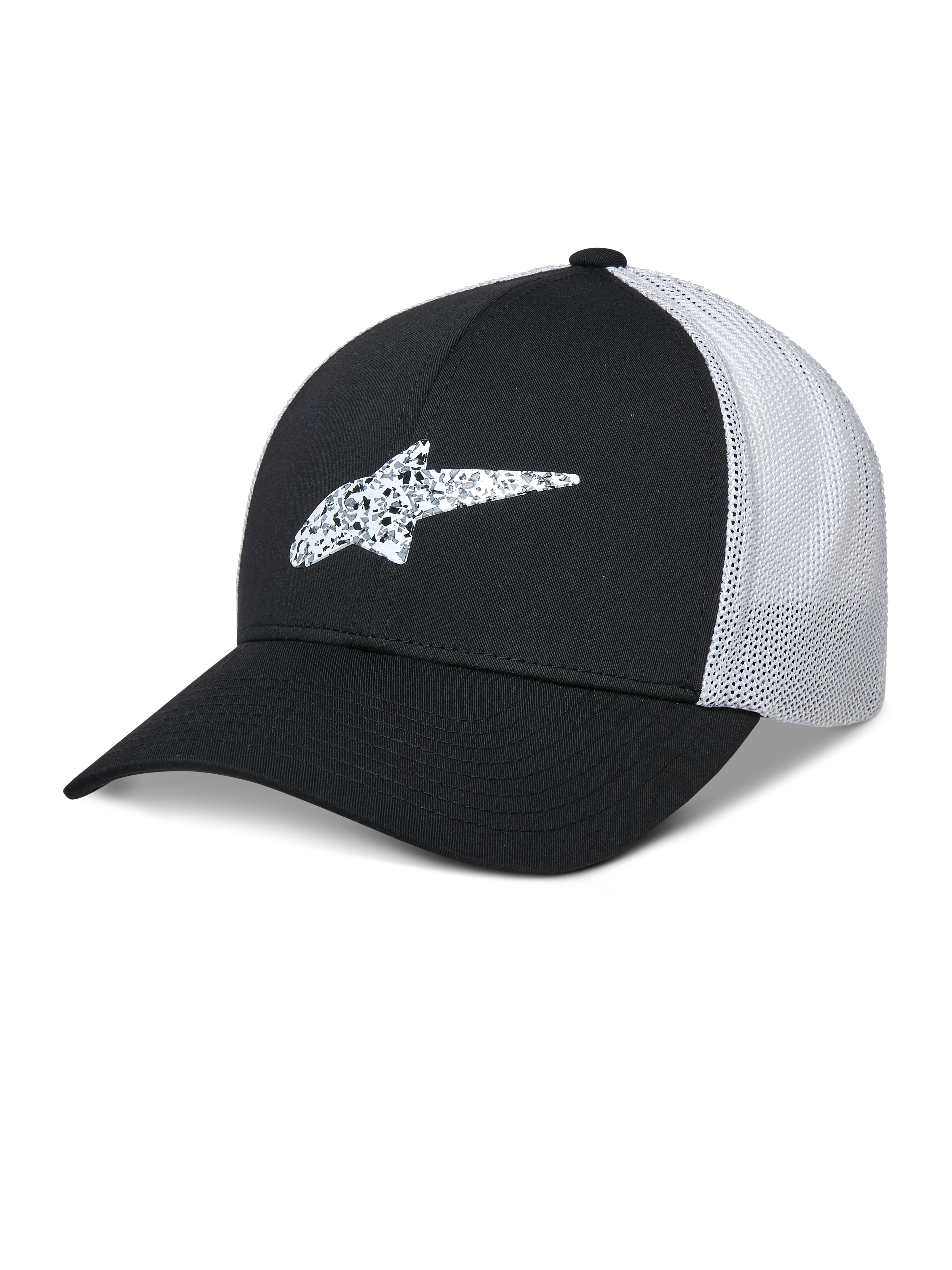 Alpinestars Terolithic Trucker Hat, svart och vit, baseballkeps med böjd skärm och mönstrad TPU-stjärnlogotyp, vit meshpanel på baksidan som andas, strukturerad design med låg krona