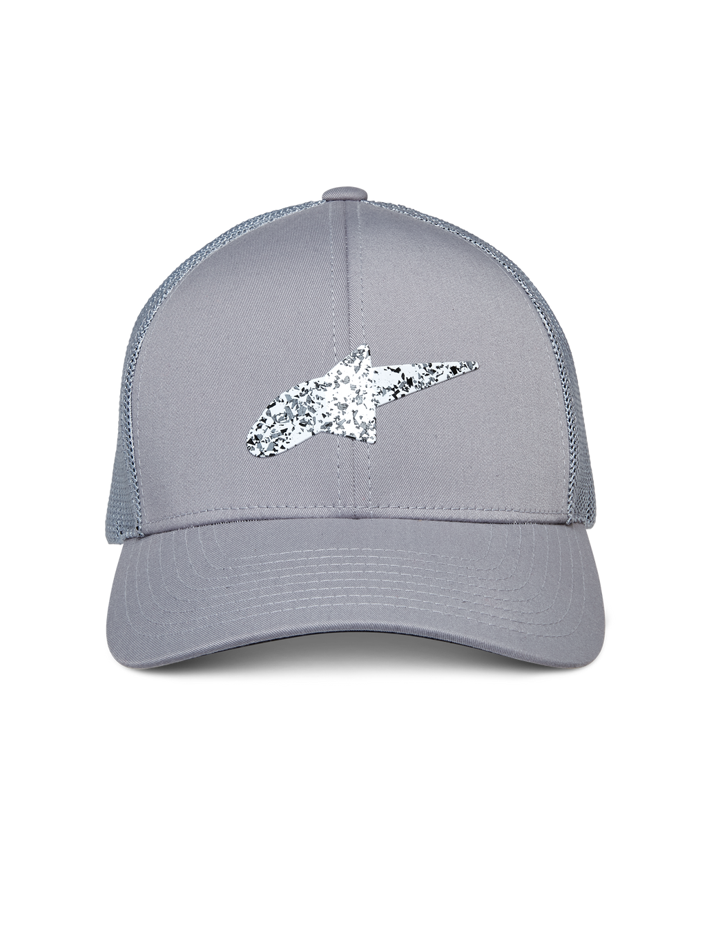 Alpinestars Terolithic Trucker Hat, Gray, featuring a speckled black and white Astar logo, curved bill and mesh back, casual motorsport-inspired headwear