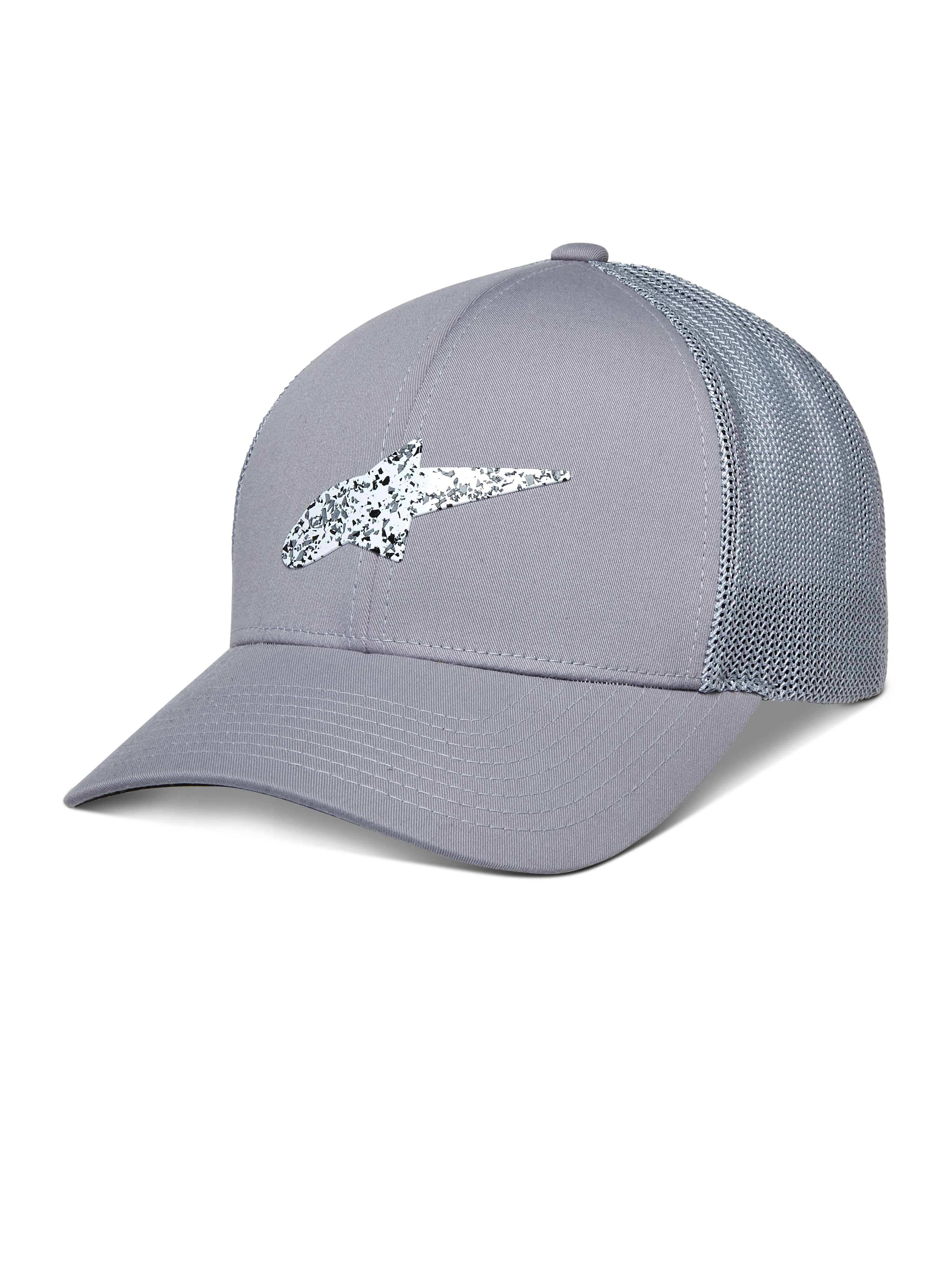 Alpinestars Terolithic Trucker Hat, grå truckerkeps, böjd skärm med meshbaksida, vit och svart spräcklig TPU-logotyp, sportiga vardagskläder