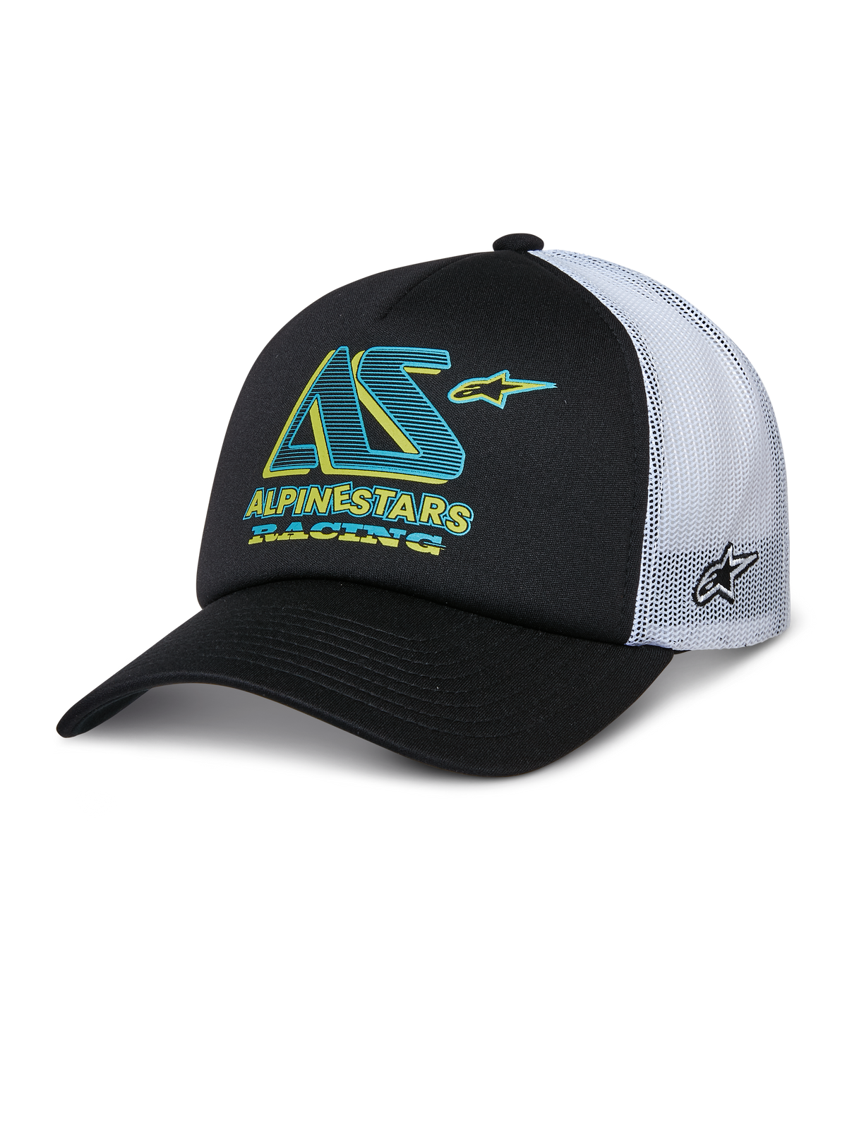 Alpinestars Ayess Trucker Hat, svart och vit trucker-keps, böjd skärm, vita bakpaneler i mesh, blågrön och gul AS-logotyp med Alpinestars Racing-text, stjärnlogotyp på sidan av meshen, vardagliga motorsportkläder