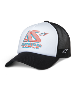 Alpinestars Ayess Trucker Hat, vit och svart meshkeps med röd och blå AS Racing-logotyp, böjd skärm, sportig och vardaglig huvudbonad