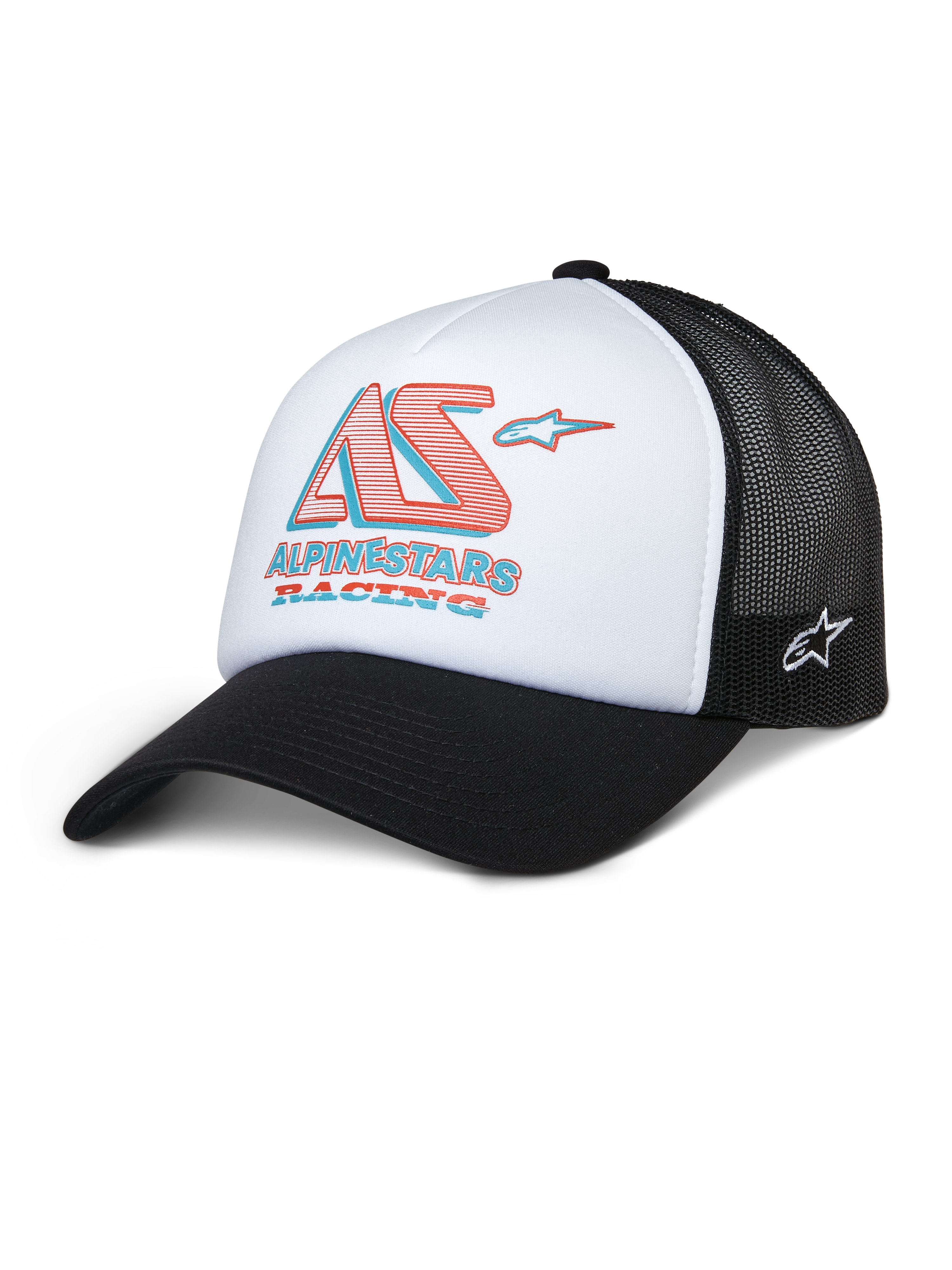Alpinestars Ayess Trucker Hat, vit och svart meshkeps med röd och blå AS Racing-logotyp, böjd skärm, sportig och vardaglig huvudbonad
