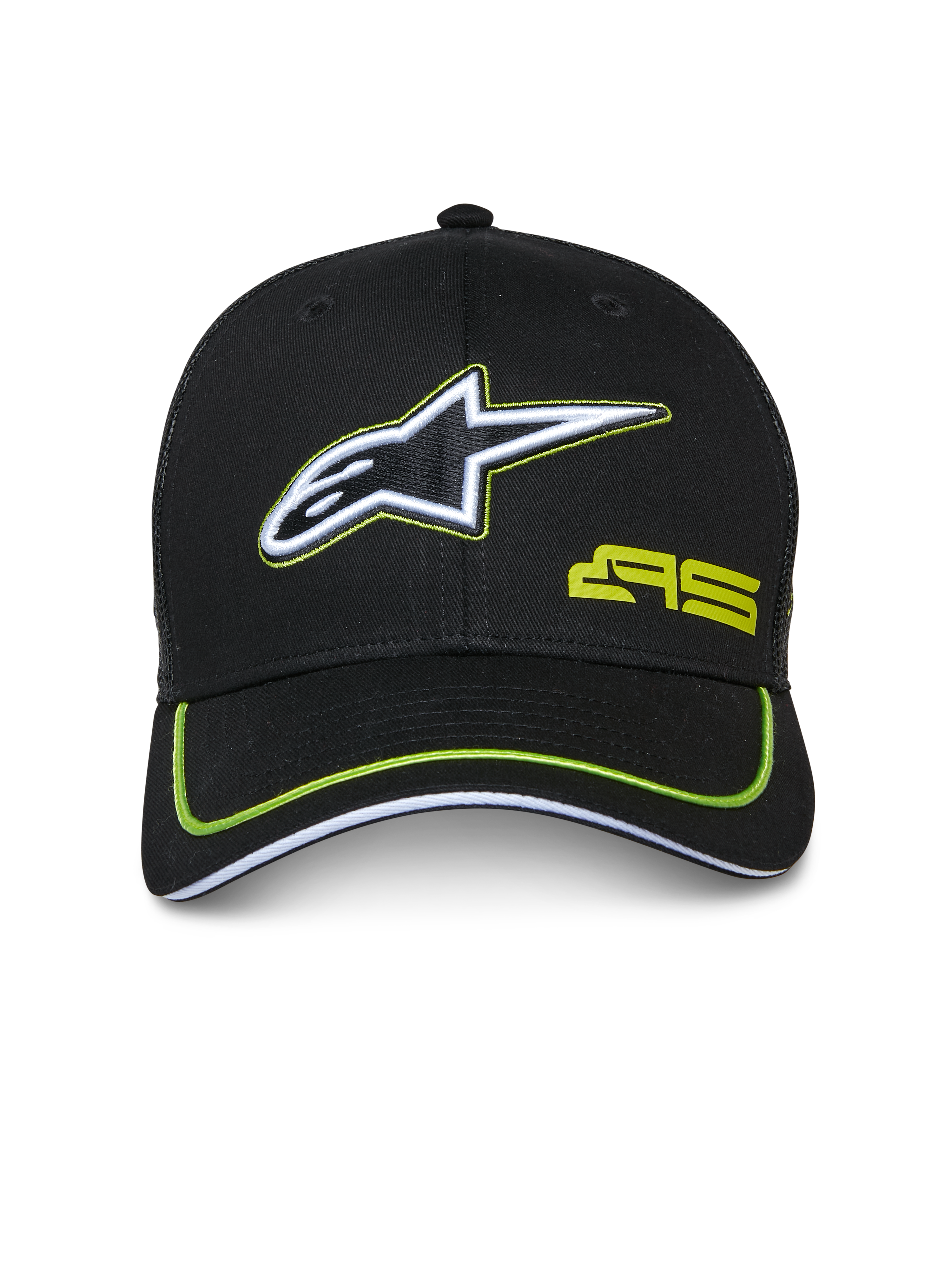 Alpinestars Exceed Trucker-keps, svart med limegröna detaljer, vit och svart broderad stjärnlogotyp, limegrön AS-logotyp, böjd skärm med neonpiping, avslappnad motorsportinspirerad huvudbonad