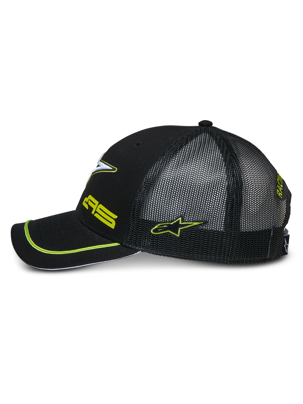 Alpinestars Exceed Trucker Hat, sidoprofil av en svart snapback-keps, med svart mesh-baksida, böjd skärm med neongröna detaljer, neongröna broderade logotyper, avslappnad huvudbonad för motorsport