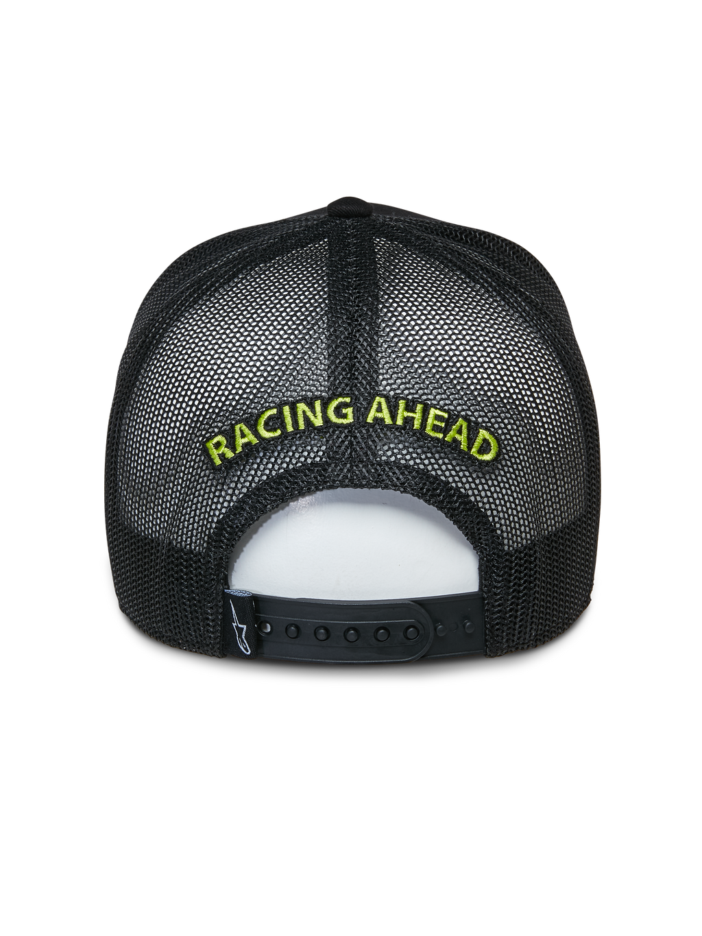 Alpinestars Exceed keps, svart truckerkeps, baksida som visar nätpaneler och snapback-stängning, limegrön 'RACING AHEAD'-brodyr, avslappnad motorsportinspirerad huvudbonad