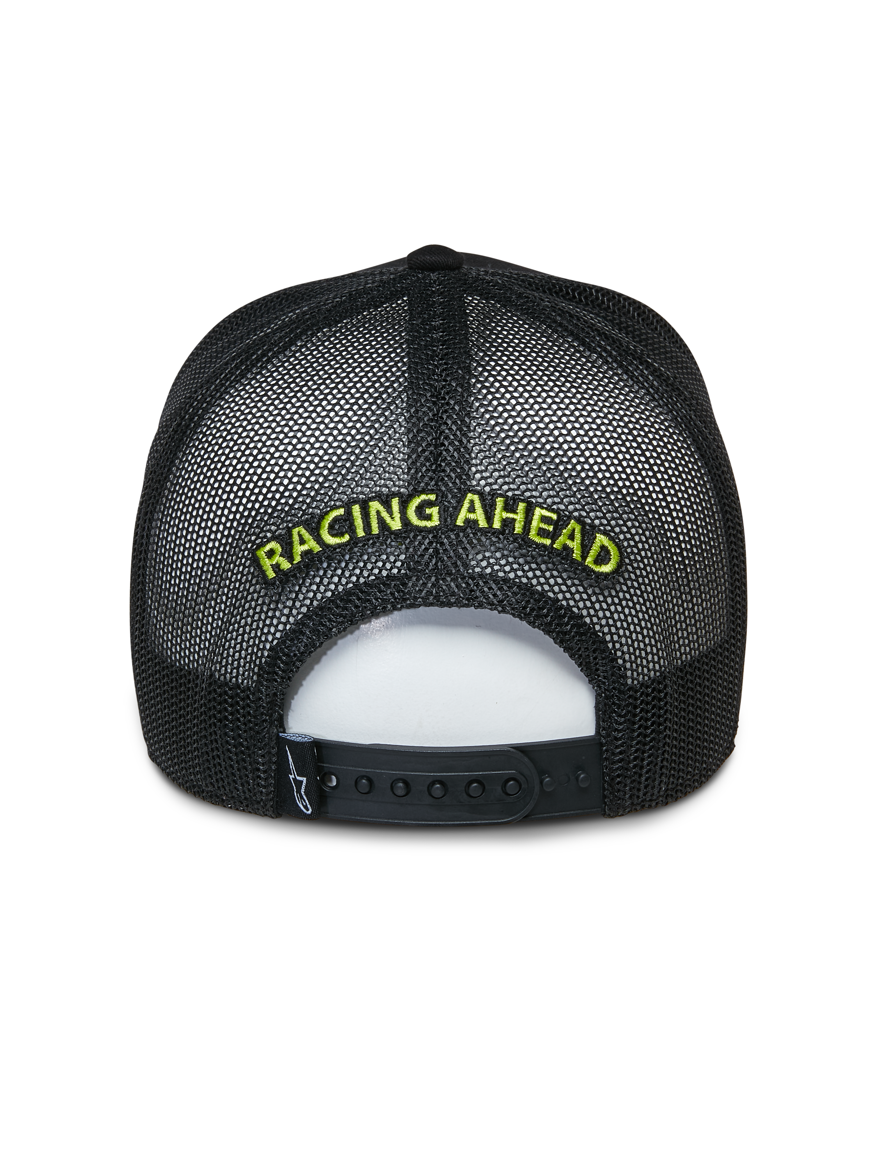 Alpinestars Exceed keps, svart truckerkeps, baksida som visar nätpaneler och snapback-stängning, limegrön 'RACING AHEAD'-brodyr, avslappnad motorsportinspirerad huvudbonad