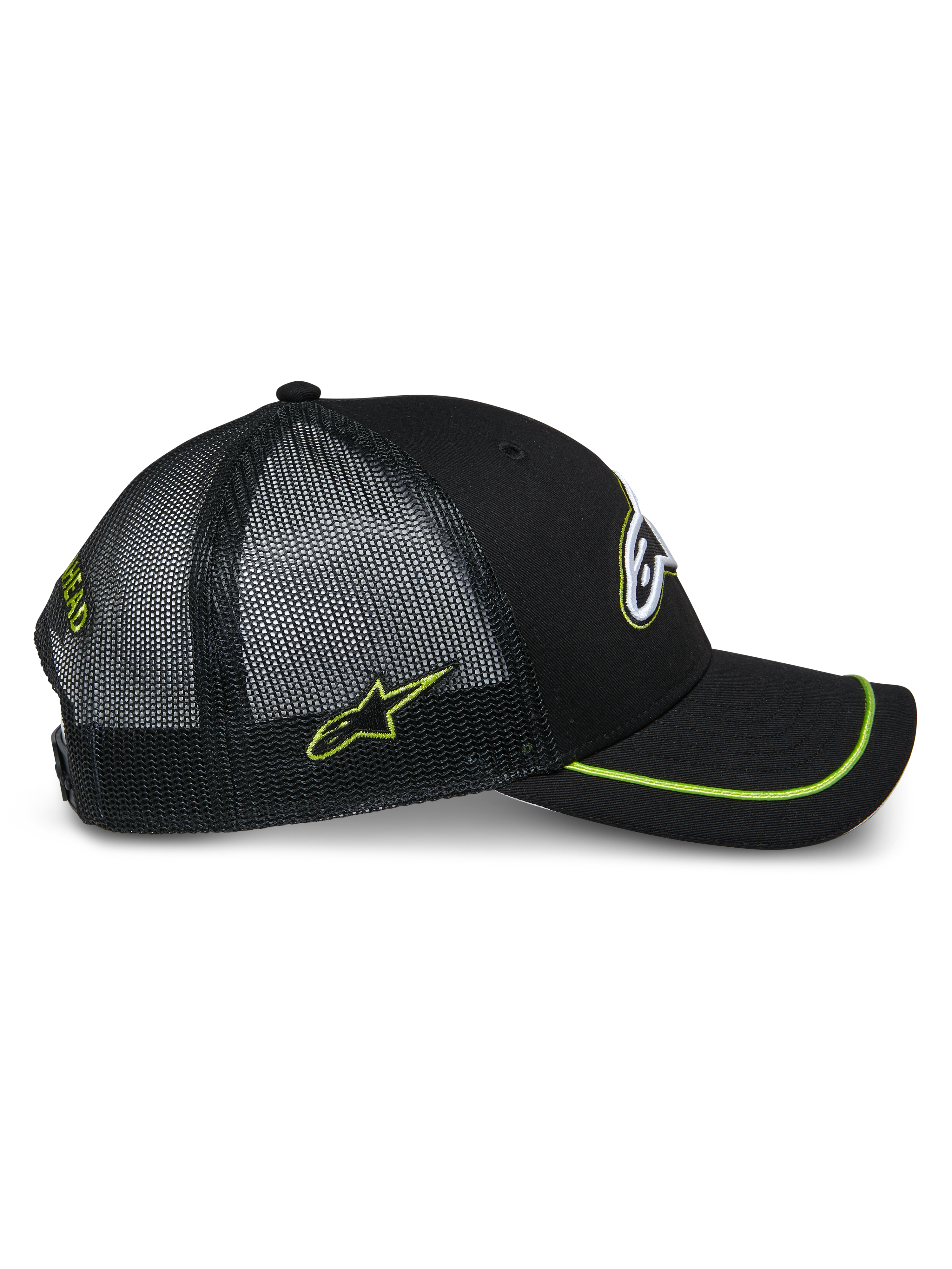 Alpinestars Exceed Trucker-keps, profilvy, svart med limegröna detaljer, bakpaneler i mesh, böjd skärm med limegrön sutasjkant, broderad logotyp på sidan, casual motorsport-huvudbonad