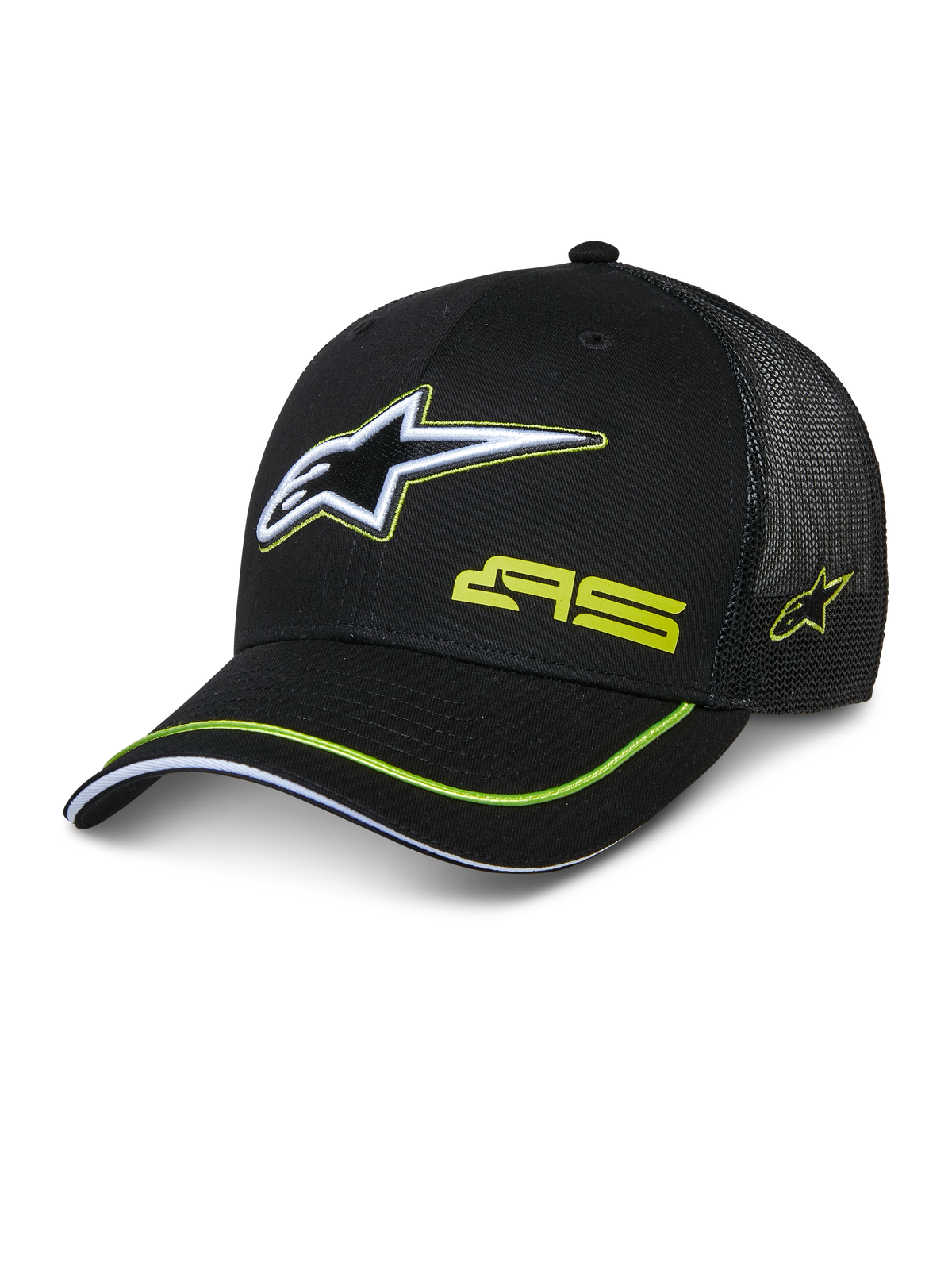 Alpinestars Exceed Trucker Hat, black trucker cap with structured front and mesh back, featuring a large white and lime green embroidered Astars logo, AS branding on crown, curved bill with lime green trim, casual motorsport headwear