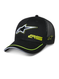Alpinestars Exceed Trucker Hat, svart truckerkeps med strukturerad framdel och meshbaksida, med en stor vit och limegrön broderad Astars-logotyp, AS-märkning på kronan, böjd skärm med limegrön dekorrand, avslappnad motorsport-huvudbonad