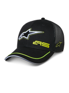 Alpinestars Exceed Trucker Hat, svart truckerkeps med strukturerad framdel och meshbaksida, med en stor vit och limegrön broderad Astars-logotyp, AS-märkning på kronan, böjd skärm med limegrön dekorrand, avslappnad motorsport-huvudbonad