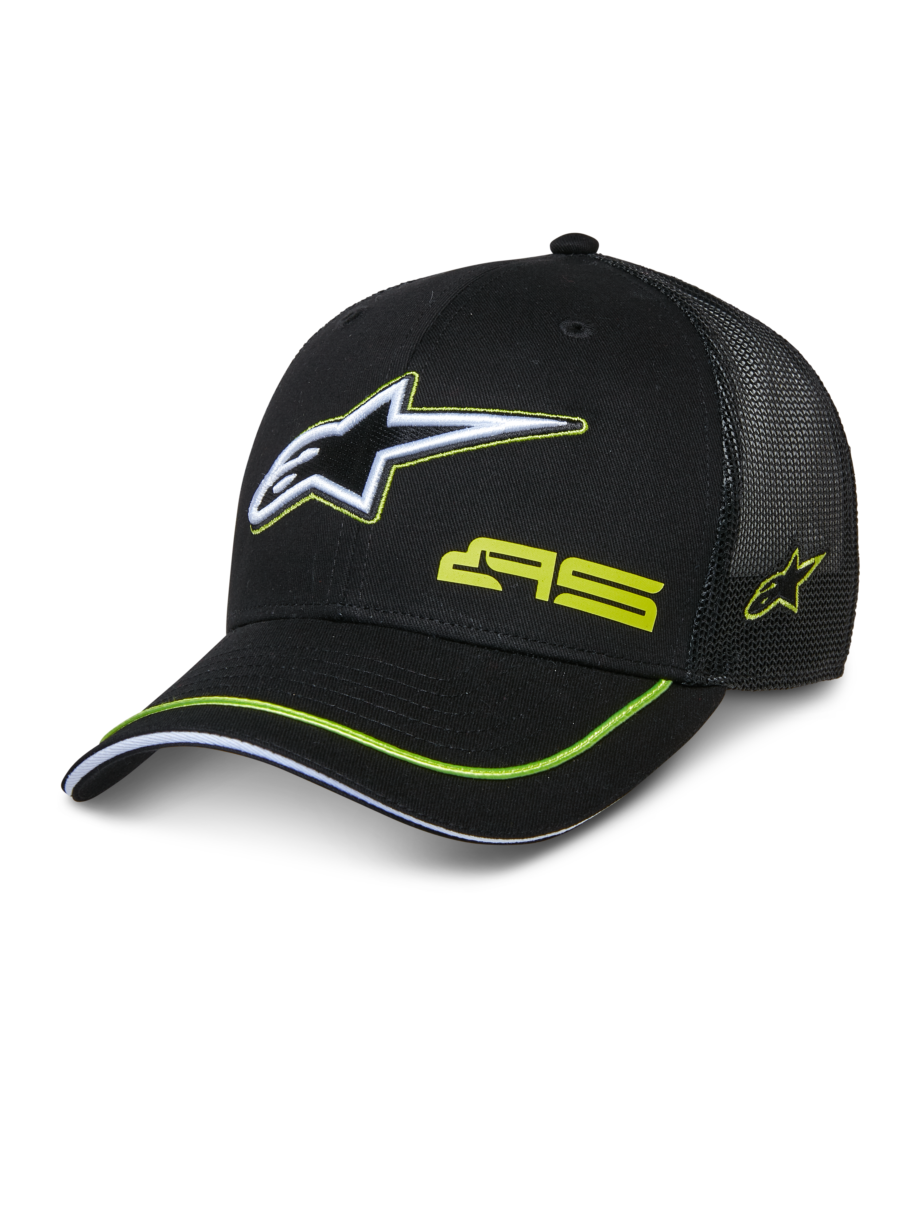 Alpinestars Exceed Trucker Hat, svart truckerkeps med strukturerad framdel och meshbaksida, med en stor vit och limegrön broderad Astars-logotyp, AS-märkning på kronan, böjd skärm med limegrön dekorrand, avslappnad motorsport-huvudbonad