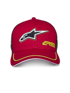 Alpinestars Exceed Truckerkeps, röd och svart, böjd skärm med limegrön kant, 3D-broderad Alpinestars-logotyp, svart meshbaksida, strukturerad krona, vardaglig motorsport-huvudbonad