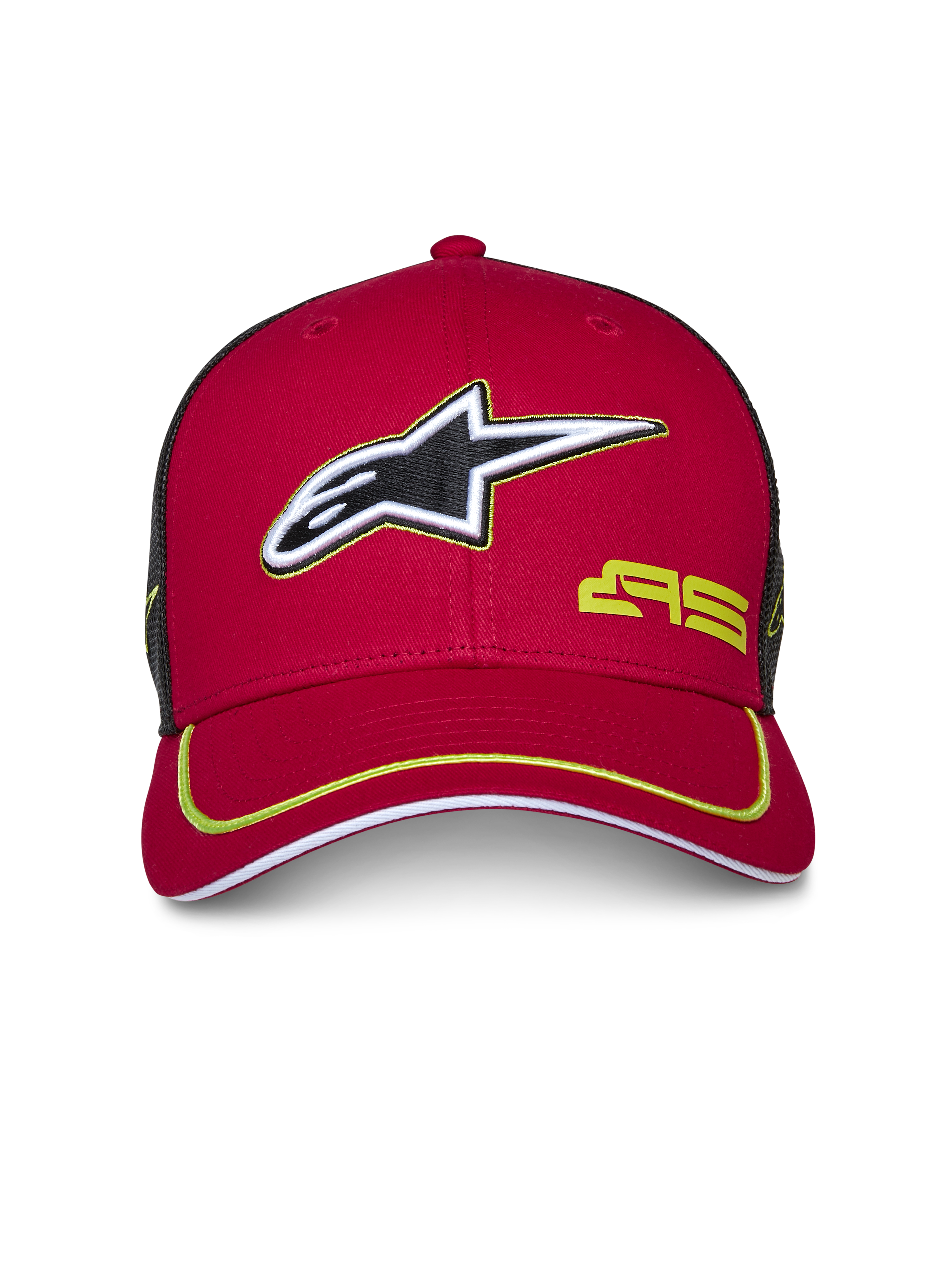 Alpinestars Exceed Truckerkeps, röd och svart, böjd skärm med limegrön kant, 3D-broderad Alpinestars-logotyp, svart meshbaksida, strukturerad krona, vardaglig motorsport-huvudbonad
