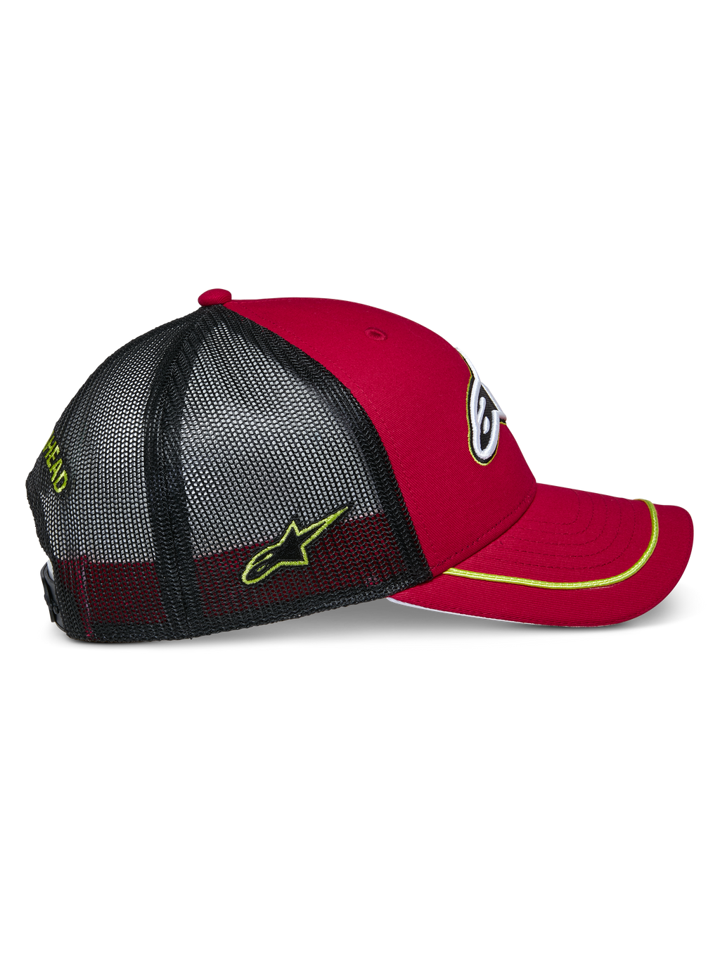Alpinestars Exceed Truckerkeps, röd och svart med neongula detaljer, med böjd skärm med neongul sutaschkant, röd strukturerad krona och svart mesh-baksida med broderad sidologotyp, avslappnad motorsportstil